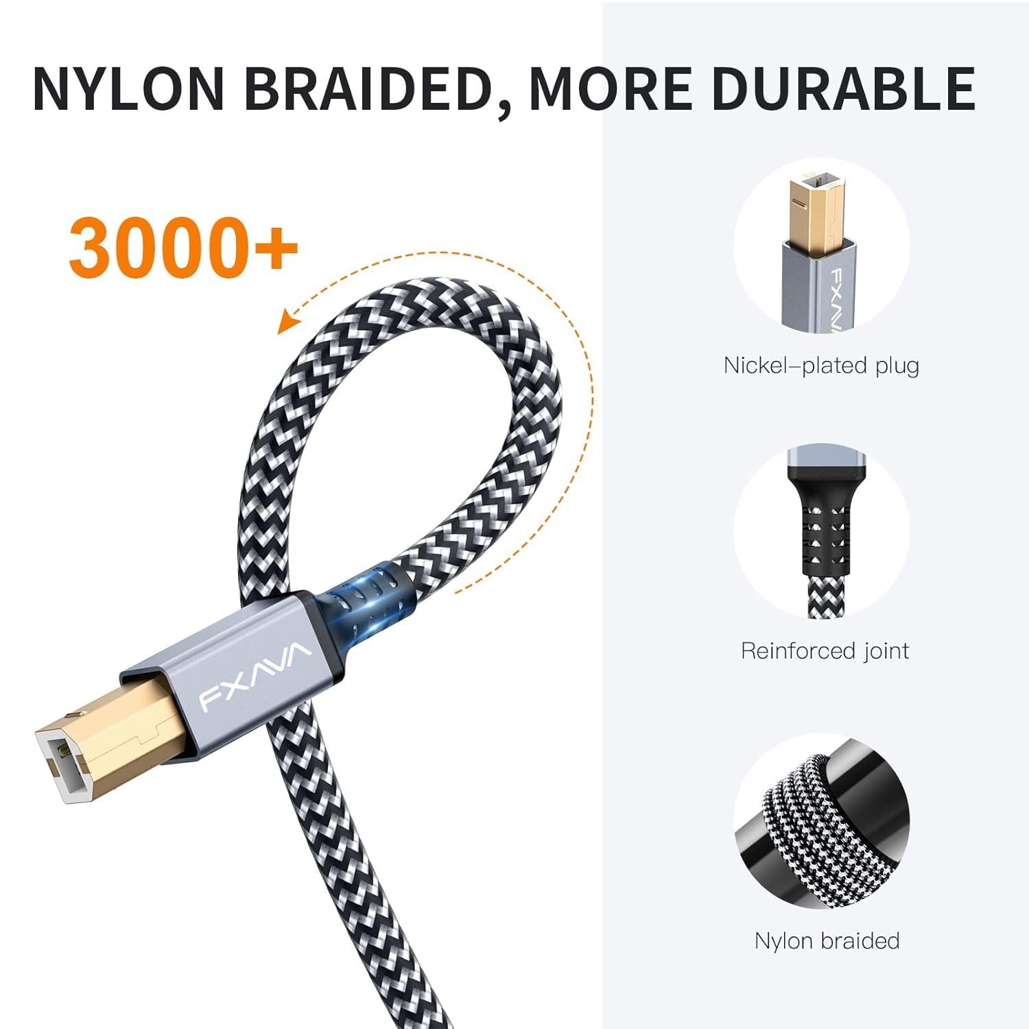 Câble d'imprimante - Câble d'imprimante USB 20 pieds Câble d'imprimante vers USB [coque en aluminium, tressé en nylon] imprimante haute vitesse