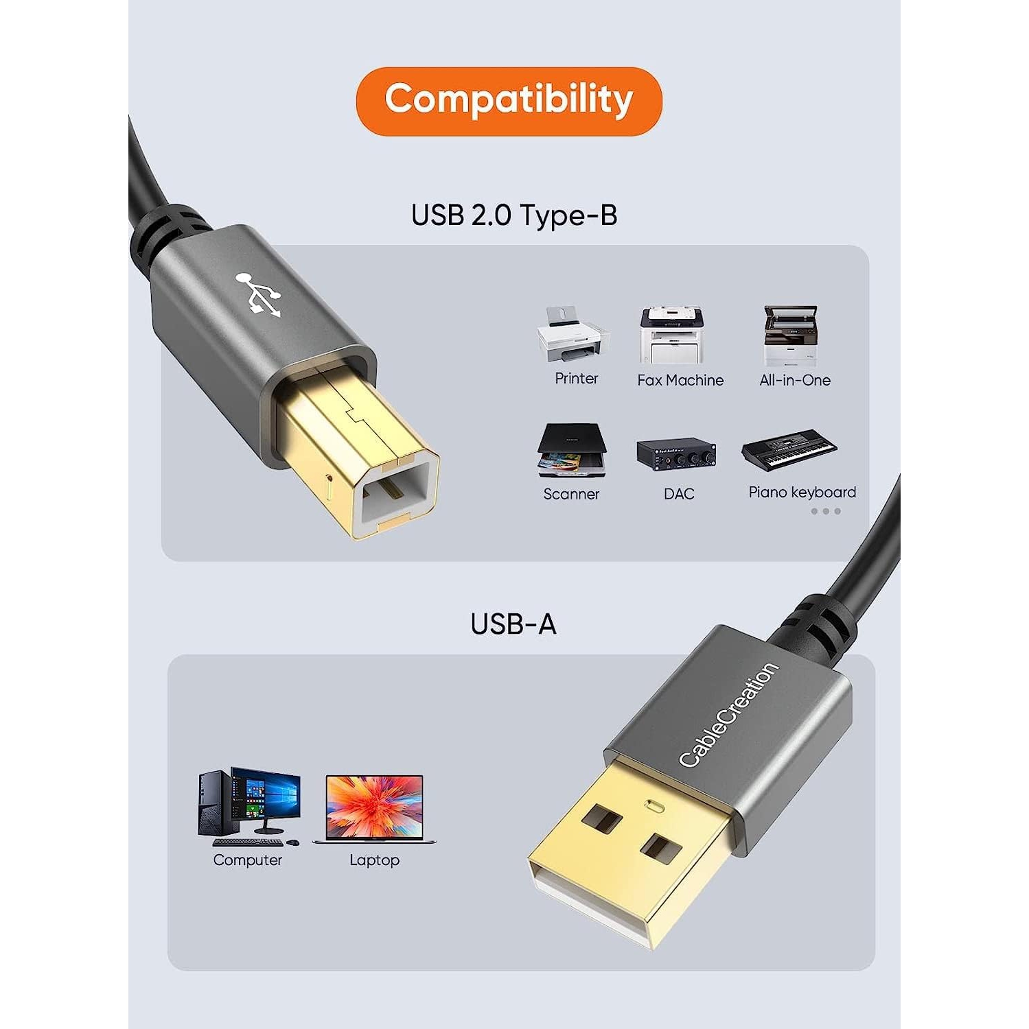 [2-Pack] USB Printer Cable 10 Feet, USB 2.0 Printer Cable to Computer, USB A to B Printer Cord