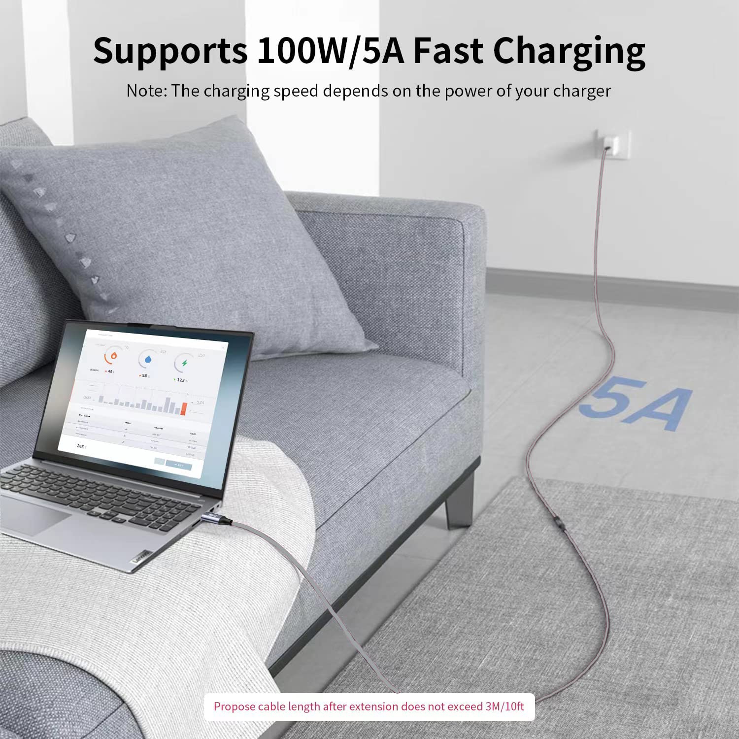 USB C Extension Cable 100W 1M/3.3ft Type C Fast Charge Male to Female Extender 10Gbps 4K 60Hz Video Display Lead