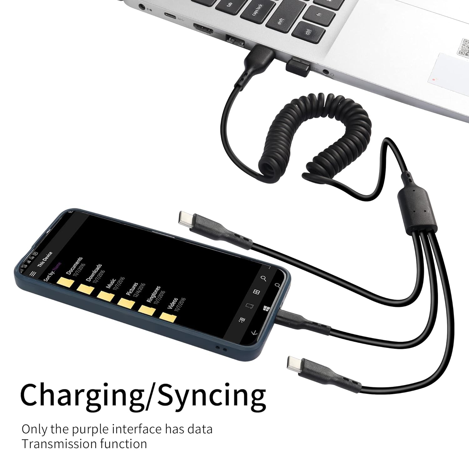 Câble répartiteur USB-C, câble spiralé USB-C, câble USB-A à USB-C de 3 m pour câble de chargement/synchronisation des données, pour USB-C.