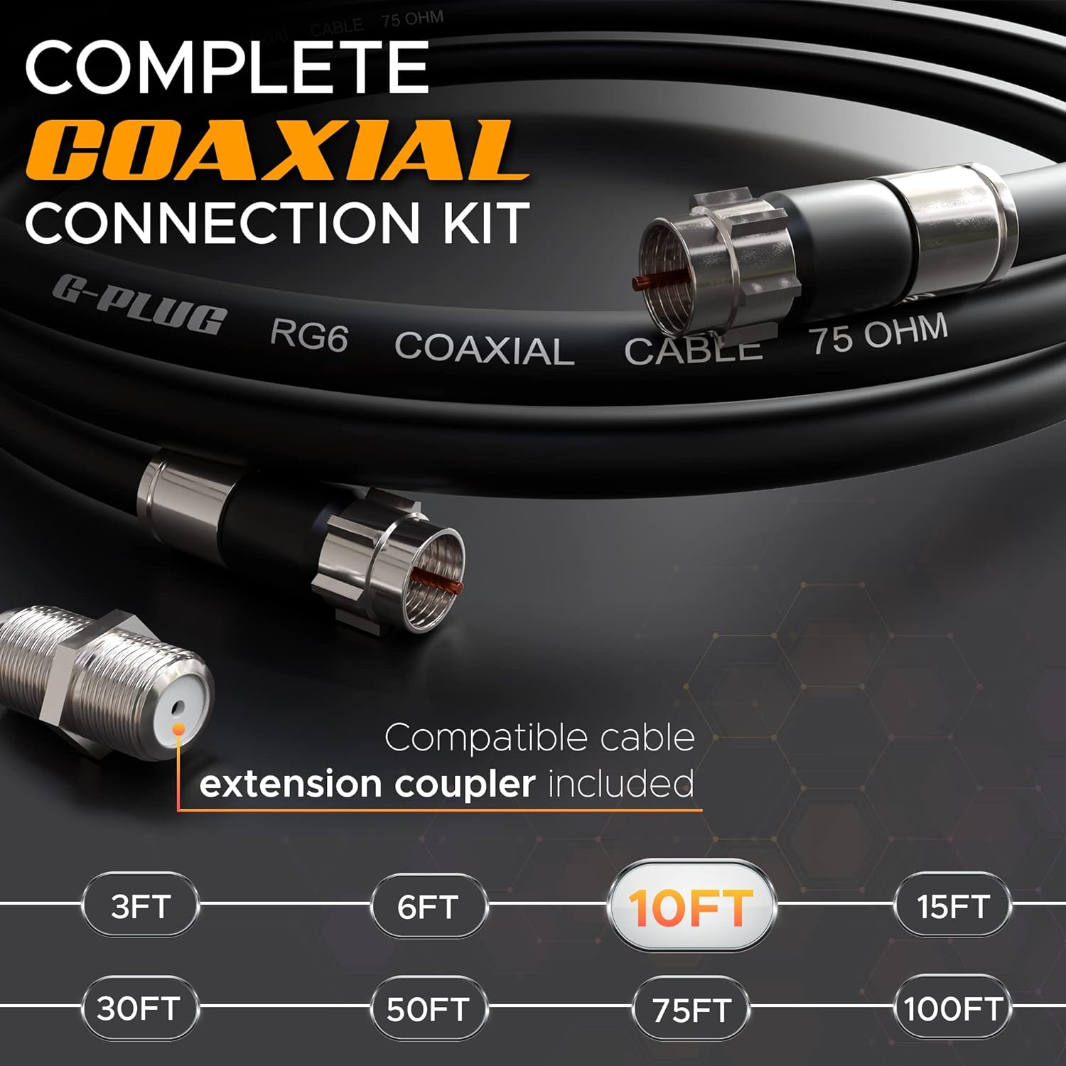 10FT RG6 Coaxial Cable Connectors Set High-Speed Internet, Broadband and Digital TV Aerial, Satellite Cable