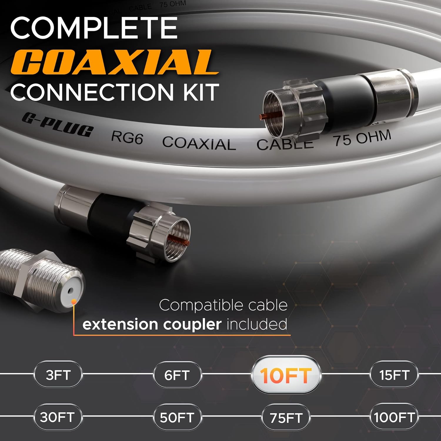 10FT RG6 Coaxial Cable Connectors Set – High-Speed Internet, Broadband and Digital TV Aerial, Satellite Cable