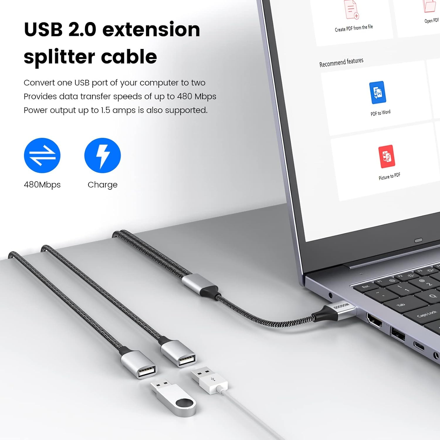 USB Extension Cable,USB A Male to 2 Female Extension Cord Durable USB Splitter Cable Nylon Braided Fast Data Transfer