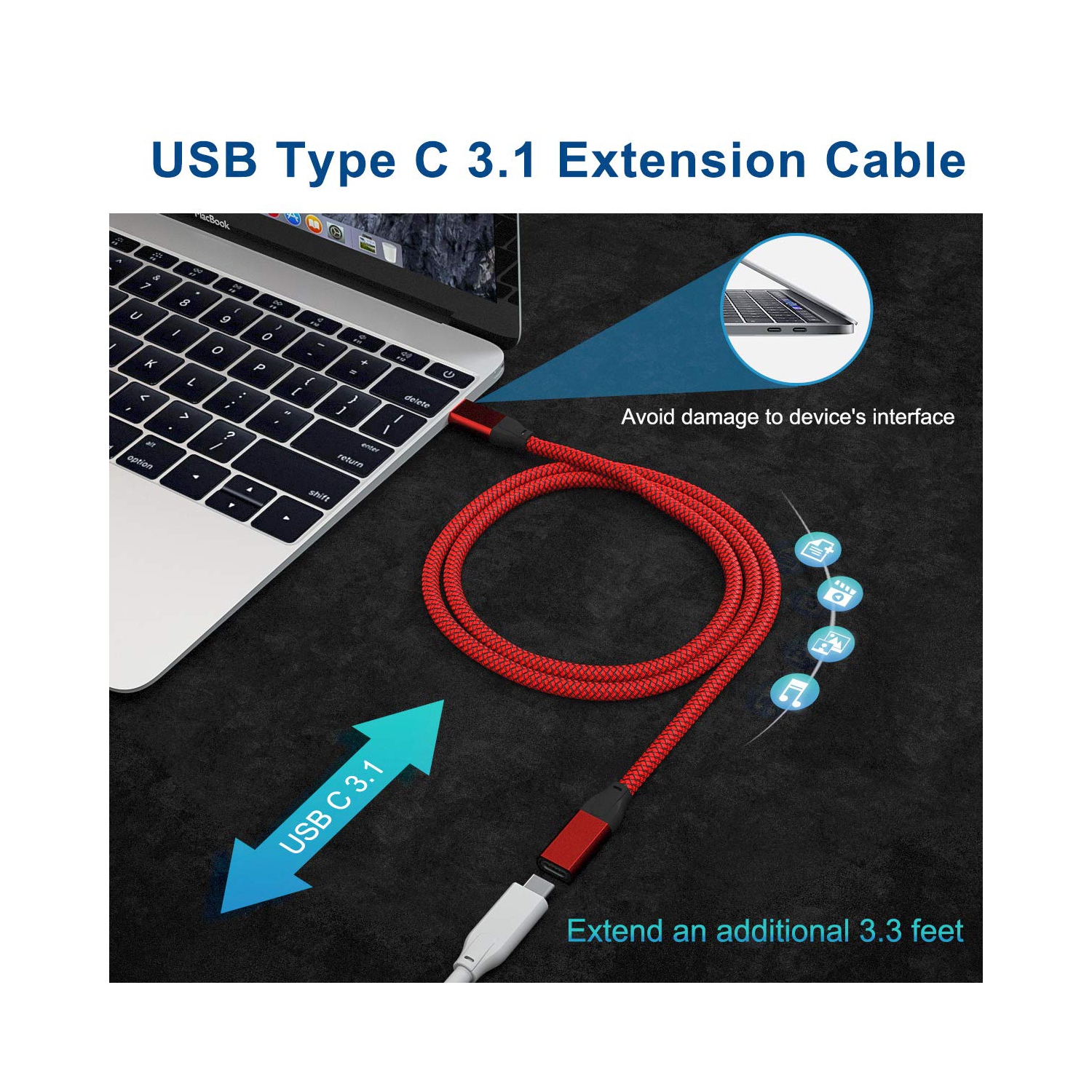 USB C Extension Cable 0.66FT,Type C 3.1 Gen2 10 Gbps Female to Male Adapter,Thunderbolt 3 Extension Cable