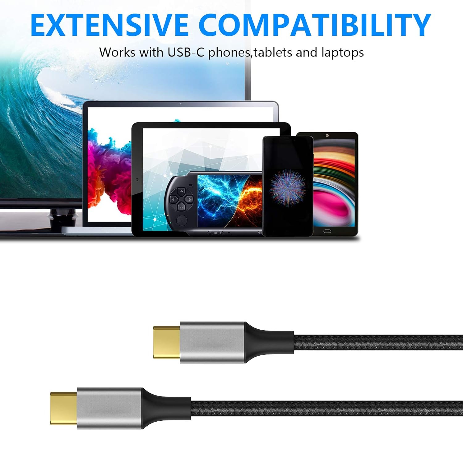Câble USB-C de 6ft m, câble USB-C à USB-C 3,1 de 2 génération, transfert de données 10&nbsp;Gb/s, câble de moniteur de sortie vidéo de 4K m,