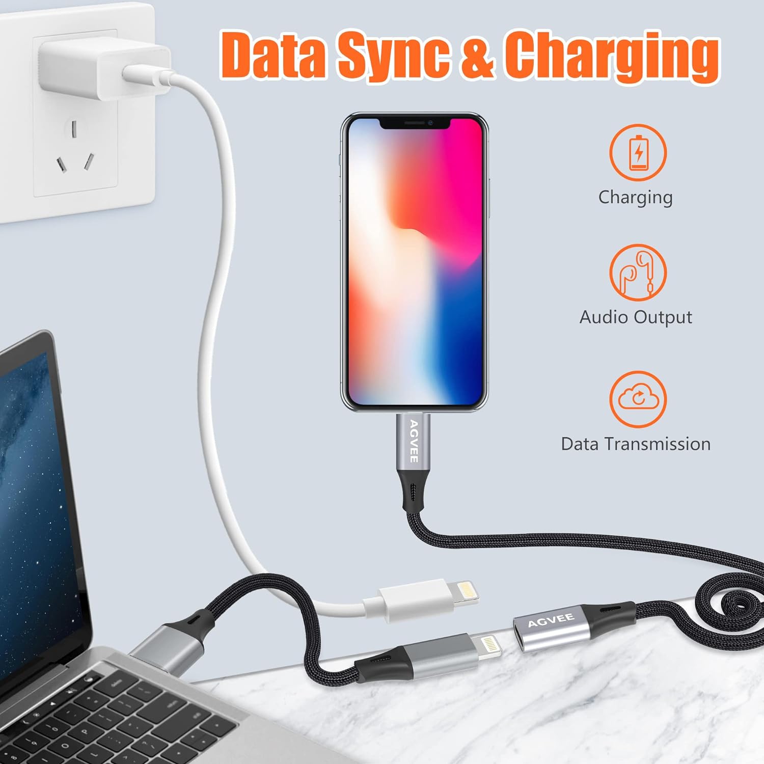 3,3&nbsp;pi – Câble de rallonge Lightning, tressé femelle à mâle, cordon multifonction compatible avec iPhone iPad,