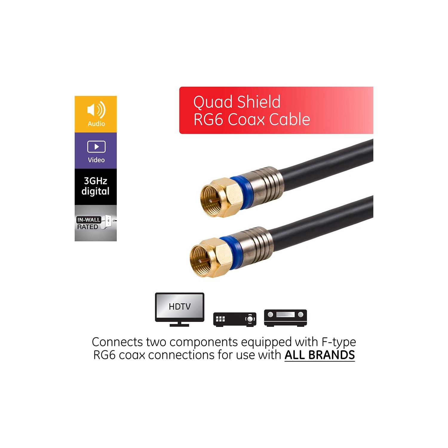 RG6 Coaxial Cable, 6 ft. F-Type Connectors, Quad Shielded Coax Cable, 3 GHz Digital, in-Wall Rated, Ideal for TV