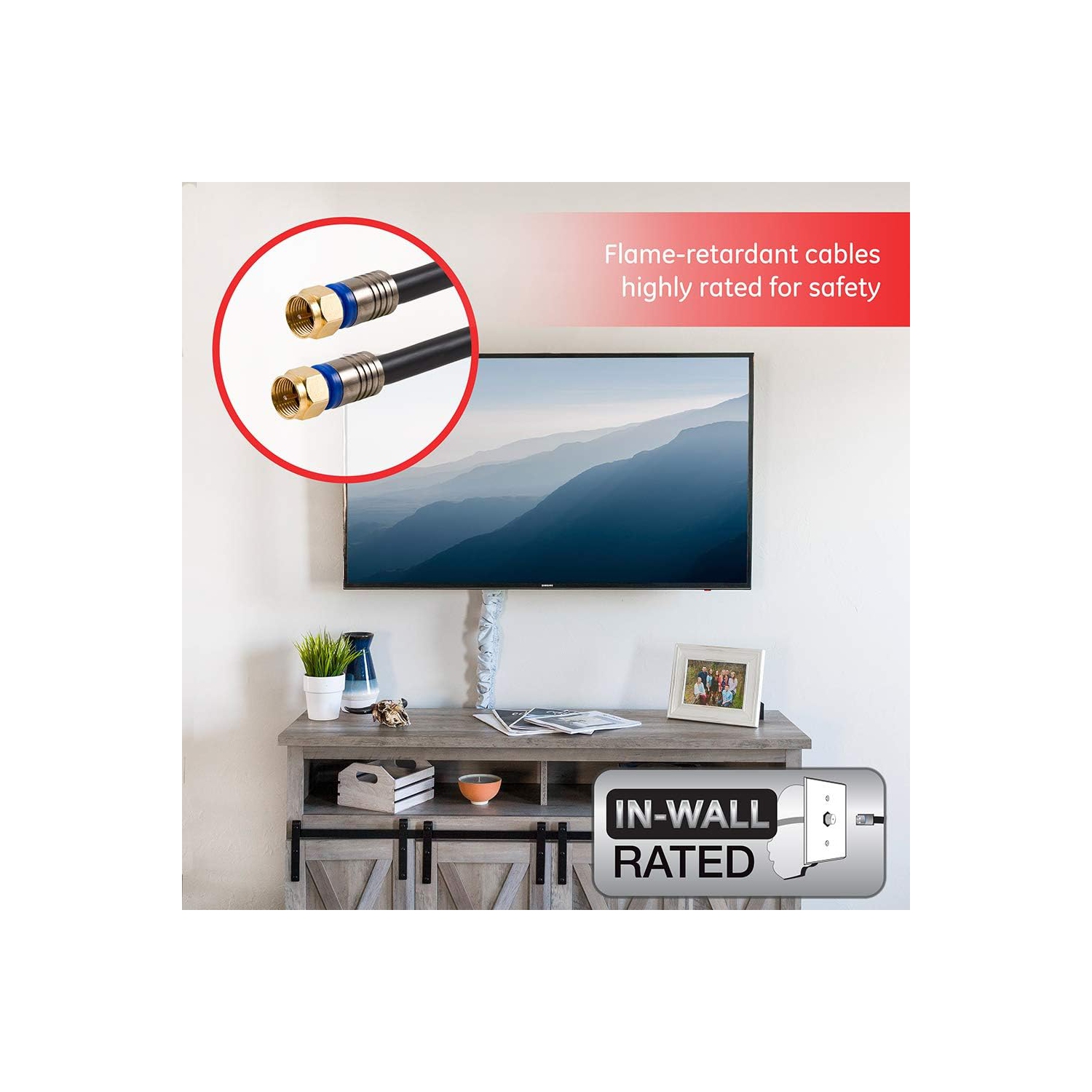 RG6 Coaxial Cable, 6 ft. F-Type Connectors, Quad Shielded Coax Cable, 3 GHz Digital, in-Wall Rated, Ideal for TV