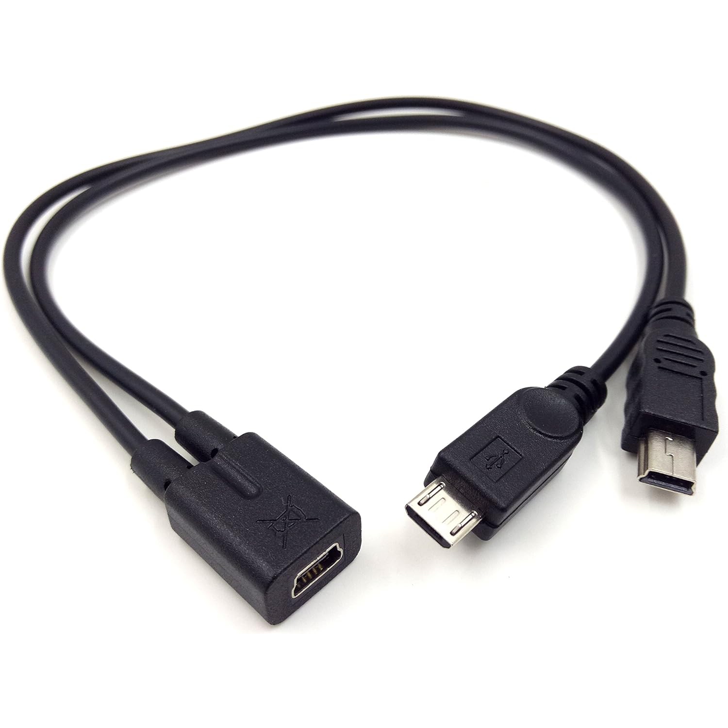 Mini câble répartiteur USB en y, 1ft/30&nbsp;cm injection Molding USB 2,0 mini femelle vers mini USB mâle et micro USB mâle