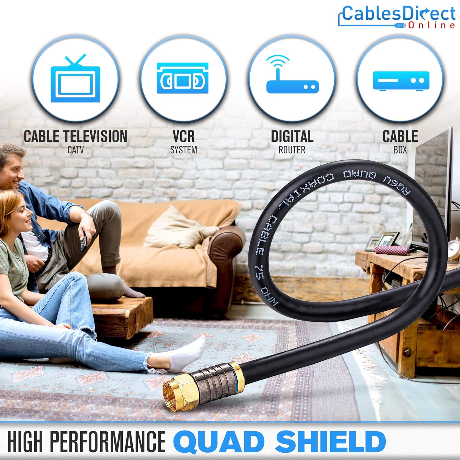 ne 25ft Black Quad Shield RG6 Coax Cable F Pin Coaxial Tip BNC Extension Wire for Satellite Dish