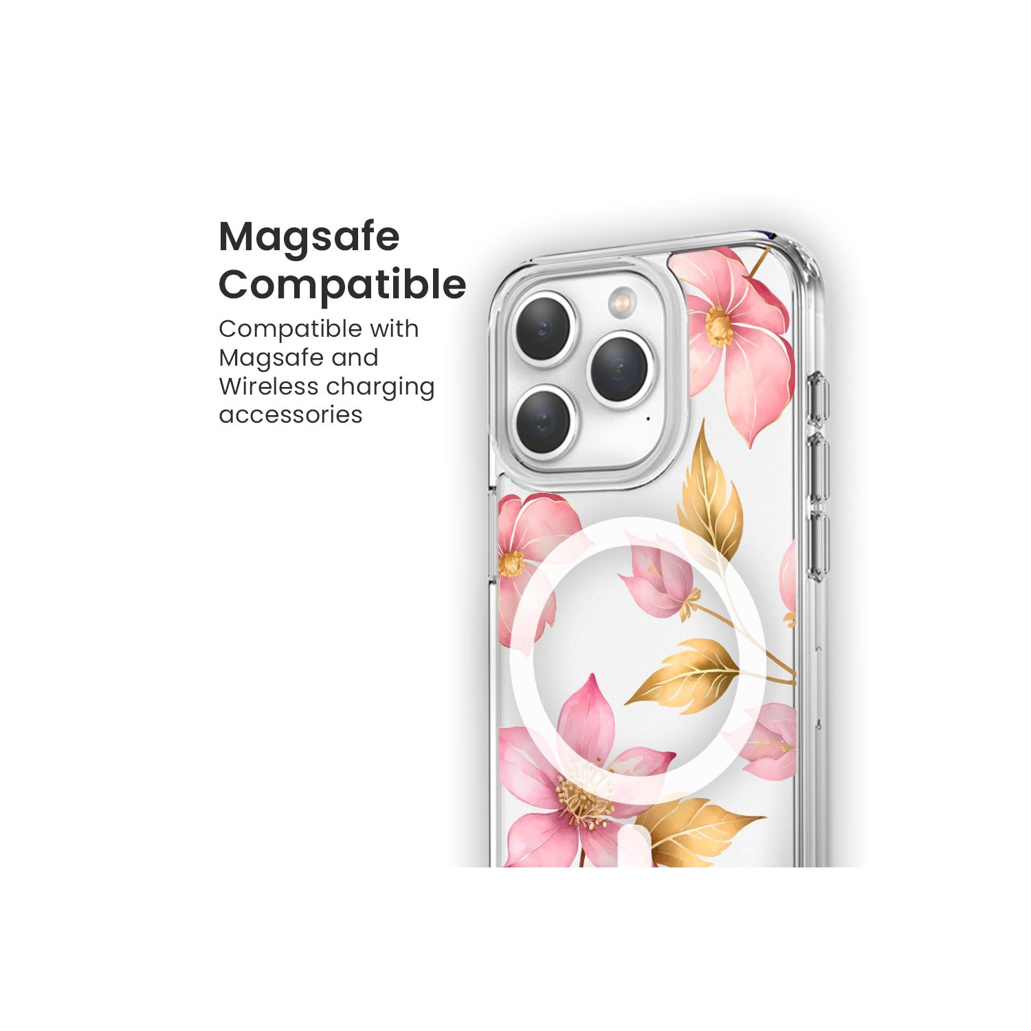 MagSafe iPhone 15 Pro Max Pink Wildflower Clear Case