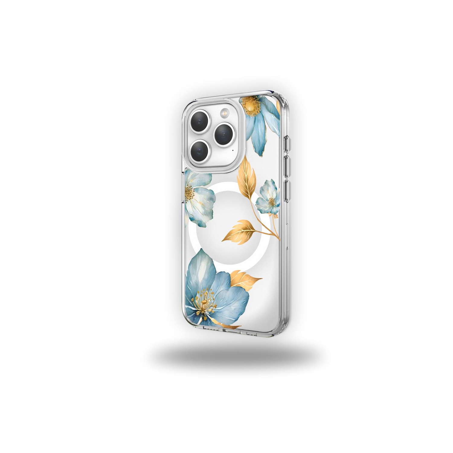 MagSafe iPhone 15 Pro Max Blue Wildflower Clear Case