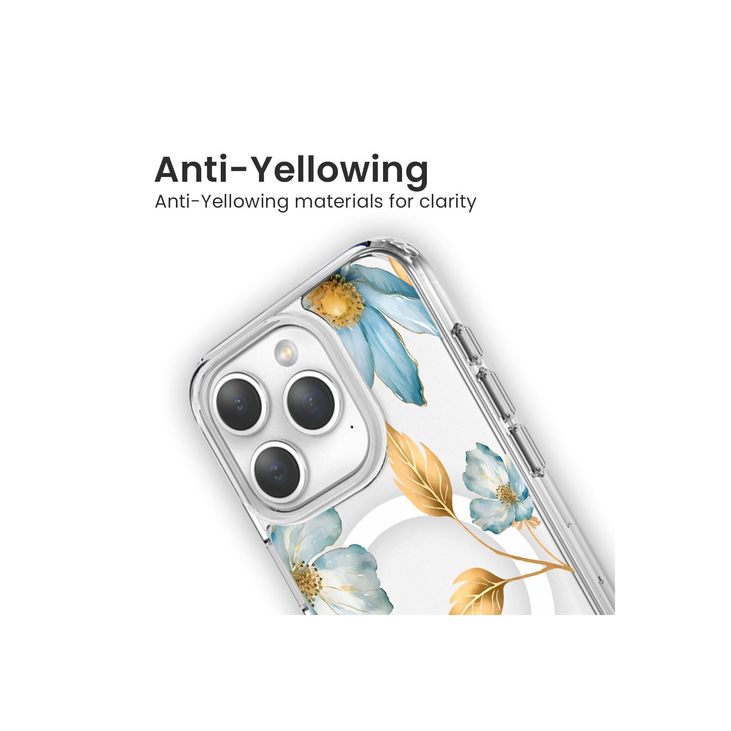 MagSafe iPhone 15 Pro Max Blue Wildflower Clear Case