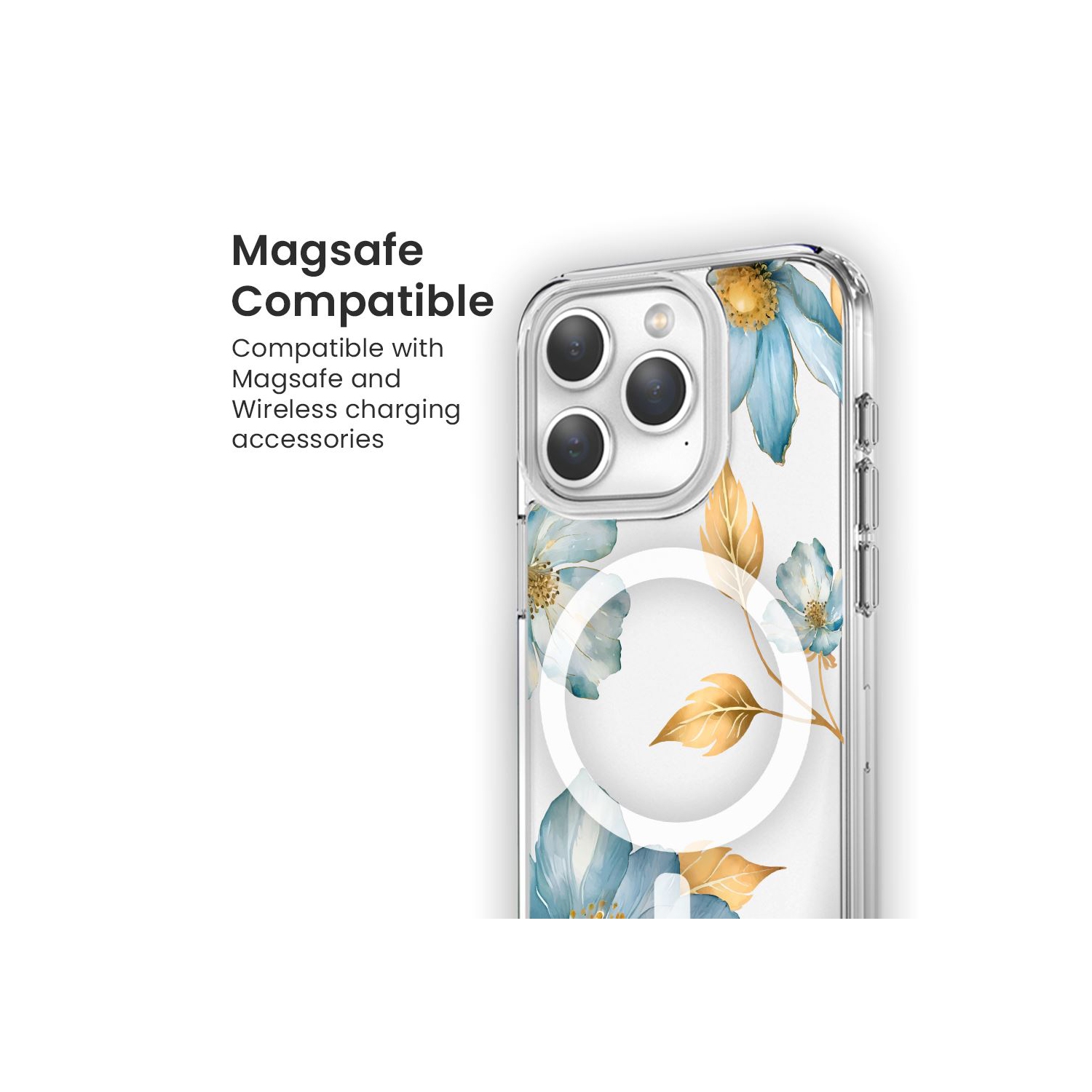 MagSafe iPhone 15 Pro Max Blue Wildflower Clear Case