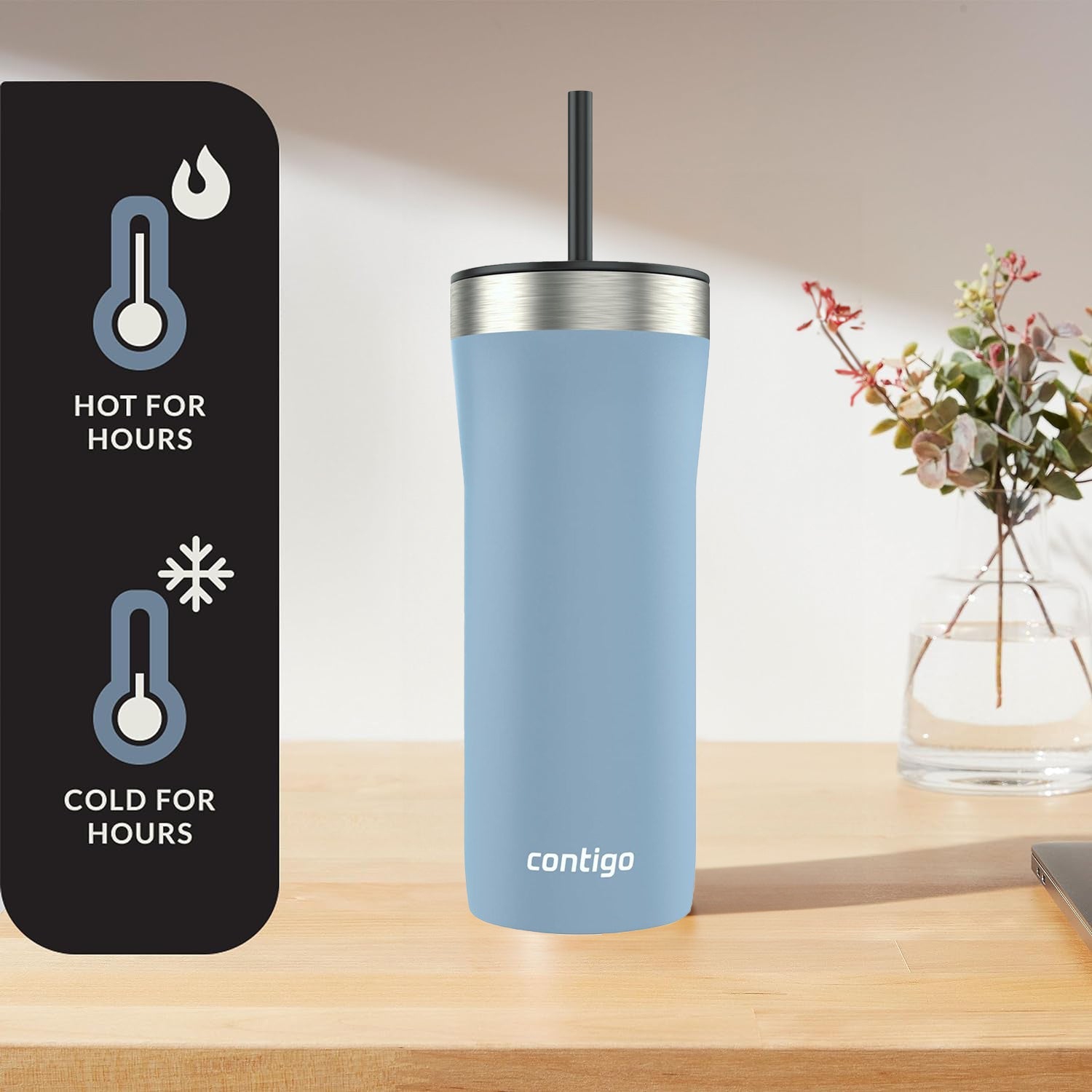 Contigo – gobelet isotherme en acier inoxydable avec couvercle antifuite et paille, capacité 946&nbsp;ml, bleu