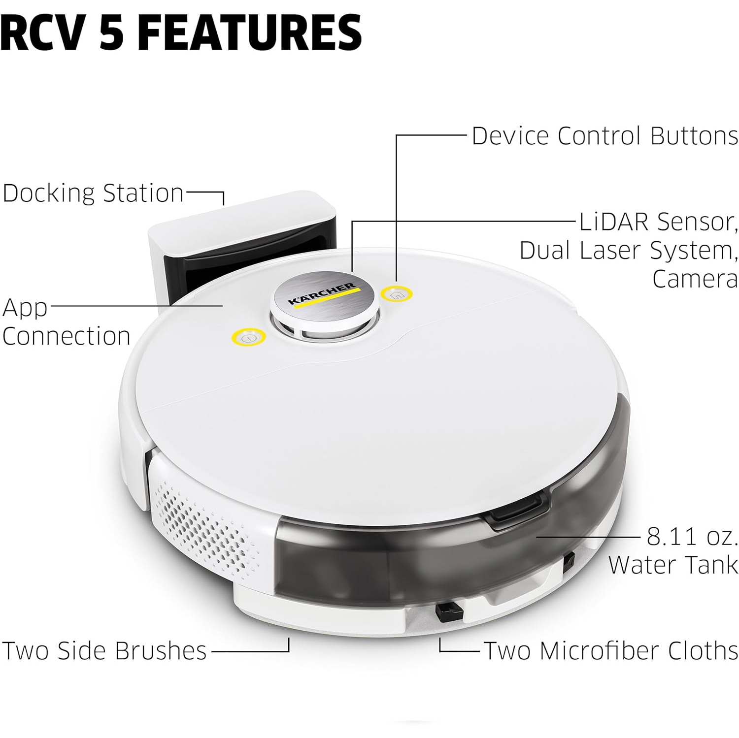 Kärcher - RCV 5 Robot Vacuum Cleaner with Mop Function 5000Pa - Remote Control via App, LiDar Navigation, Dual Laser and AI - Floor Mapping, Obstacle