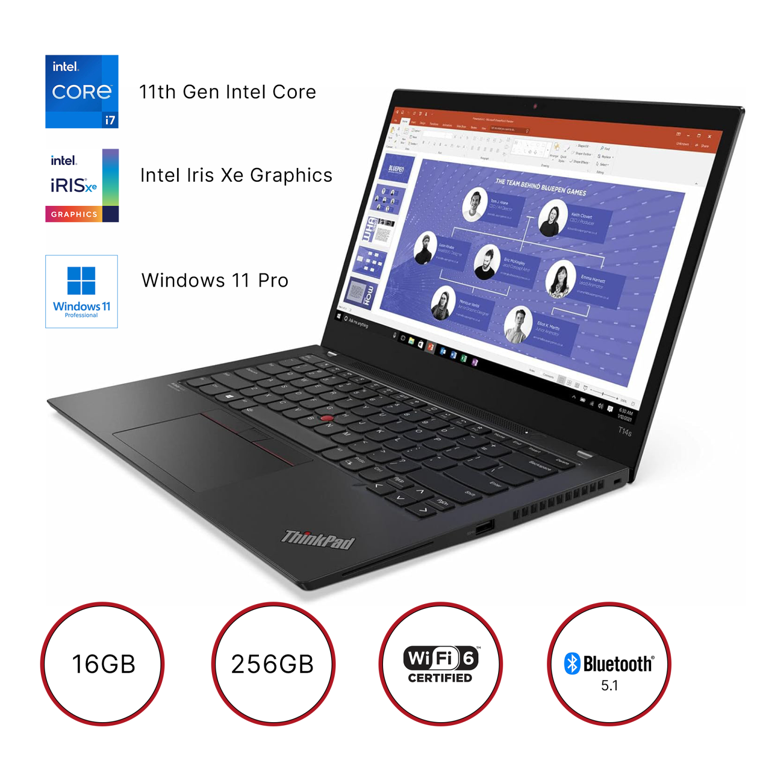 Refurbished - Lenovo ThinkPad T14s Gen 2, Business Laptop, 14" FHD, Intel Core i7-1185G7, 16GB, 256GB SSD, FHD IR Webcam, Backlit Keyboard, Win11