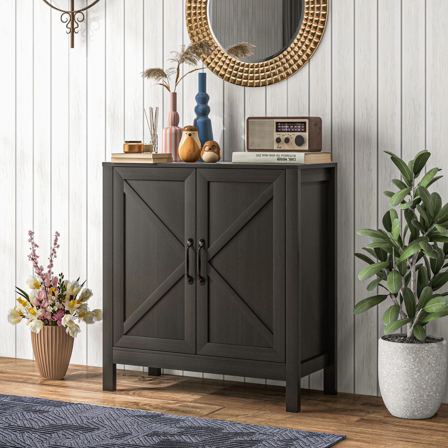 HOMCOM Farmhouse Kitchen Storage Cabinet, Sideboard Buffet Cabinet with 2 Barn Doors and Adjustable Shelves, Black Oak