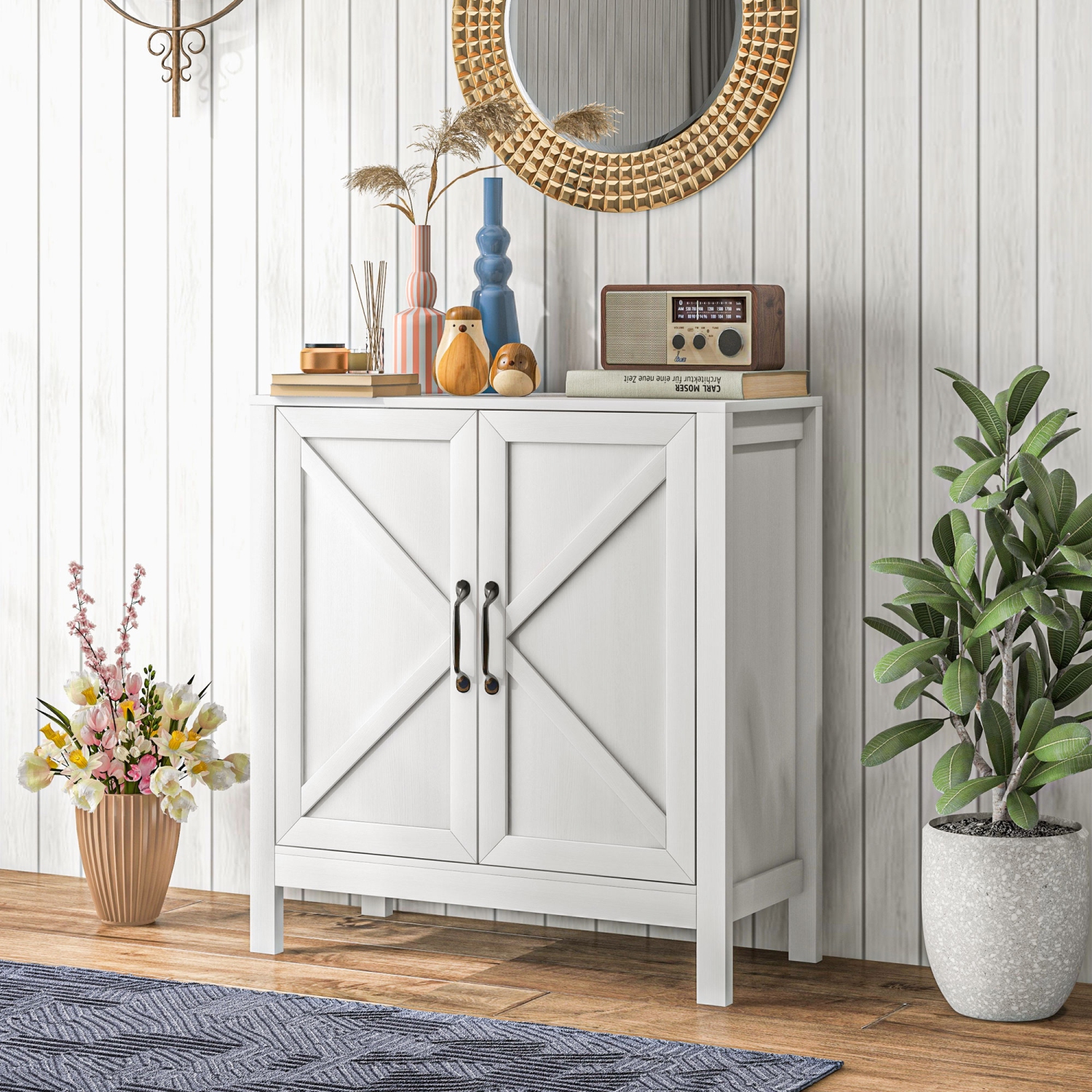 HOMCOM Farmhouse Kitchen Storage Cabinet, Sideboard Buffet Cabinet with 2 Barn Doors and Adjustable Shelves, White