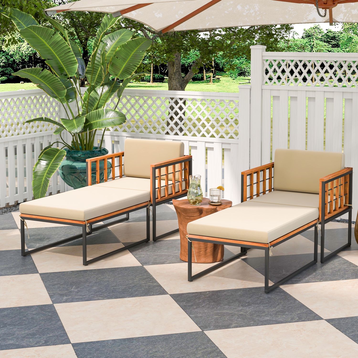 Costway 1 PCS Outdoor Furniture Set Patio Acacia Wood Armchair with Long Ottoman Cozy Seat
