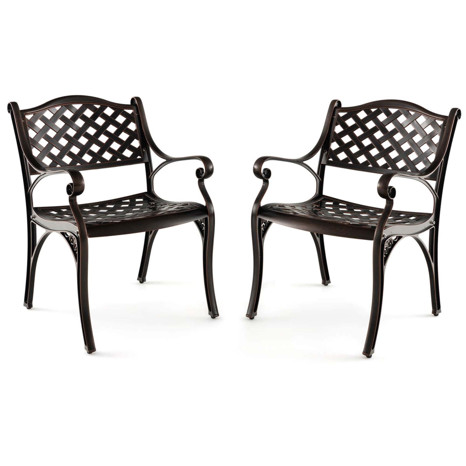 Costway 2 PCS Cast Aluminum Patio Chairs Set of 2 All Weather Outdoor Dining Chairs with Armrests Bronze