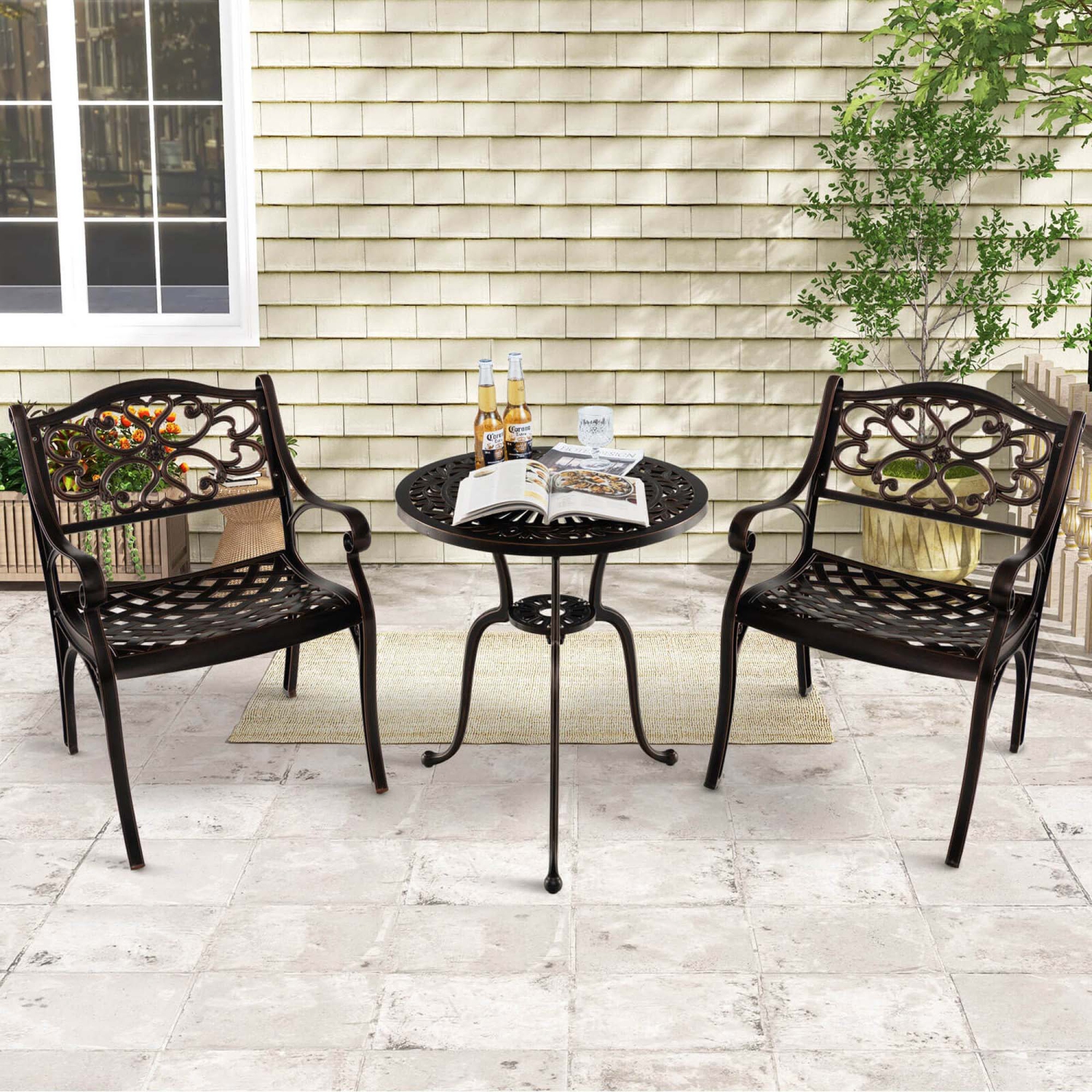 Costway 2 PCS Cast Aluminum Patio Chairs Set of 2 All Weather Outdoor Dining Chairs with Armrests Bronze