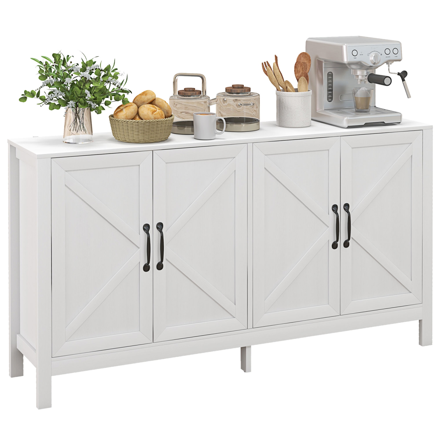 HOMCOM – Armoire de rangement de cuisine Farmhouse, buffet de buffet avec 4 portes de grange et tablettes réglables, blanc