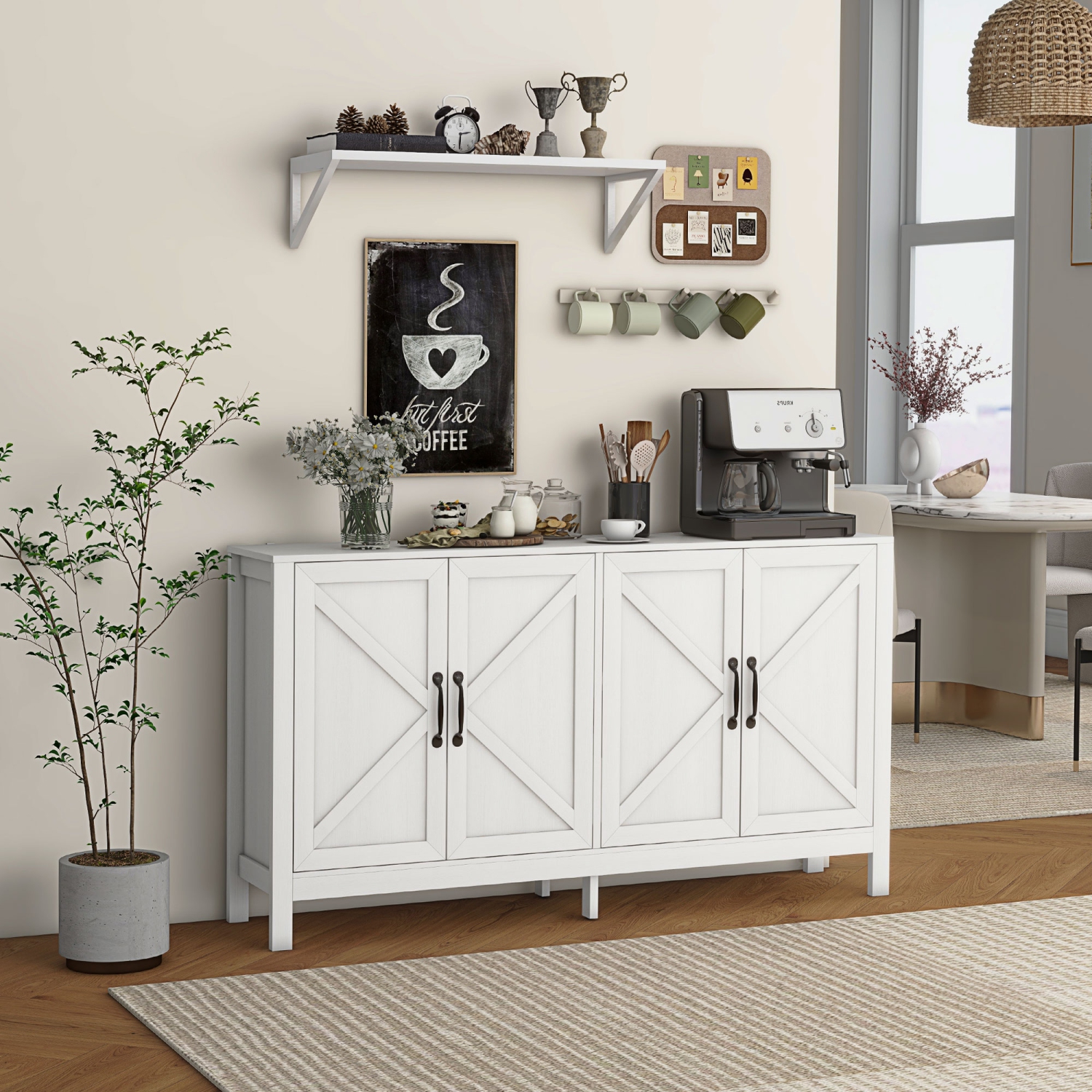HOMCOM – Armoire de rangement de cuisine Farmhouse, buffet de buffet avec 4 portes de grange et tablettes réglables, blanc