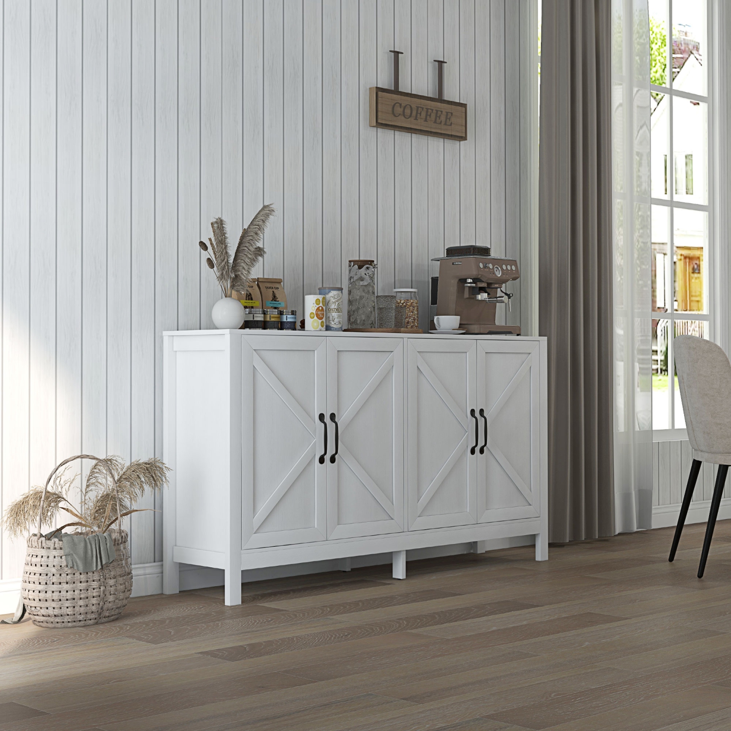 HOMCOM – Armoire de rangement de cuisine Farmhouse, buffet de buffet avec 4 portes de grange et tablettes réglables, blanc