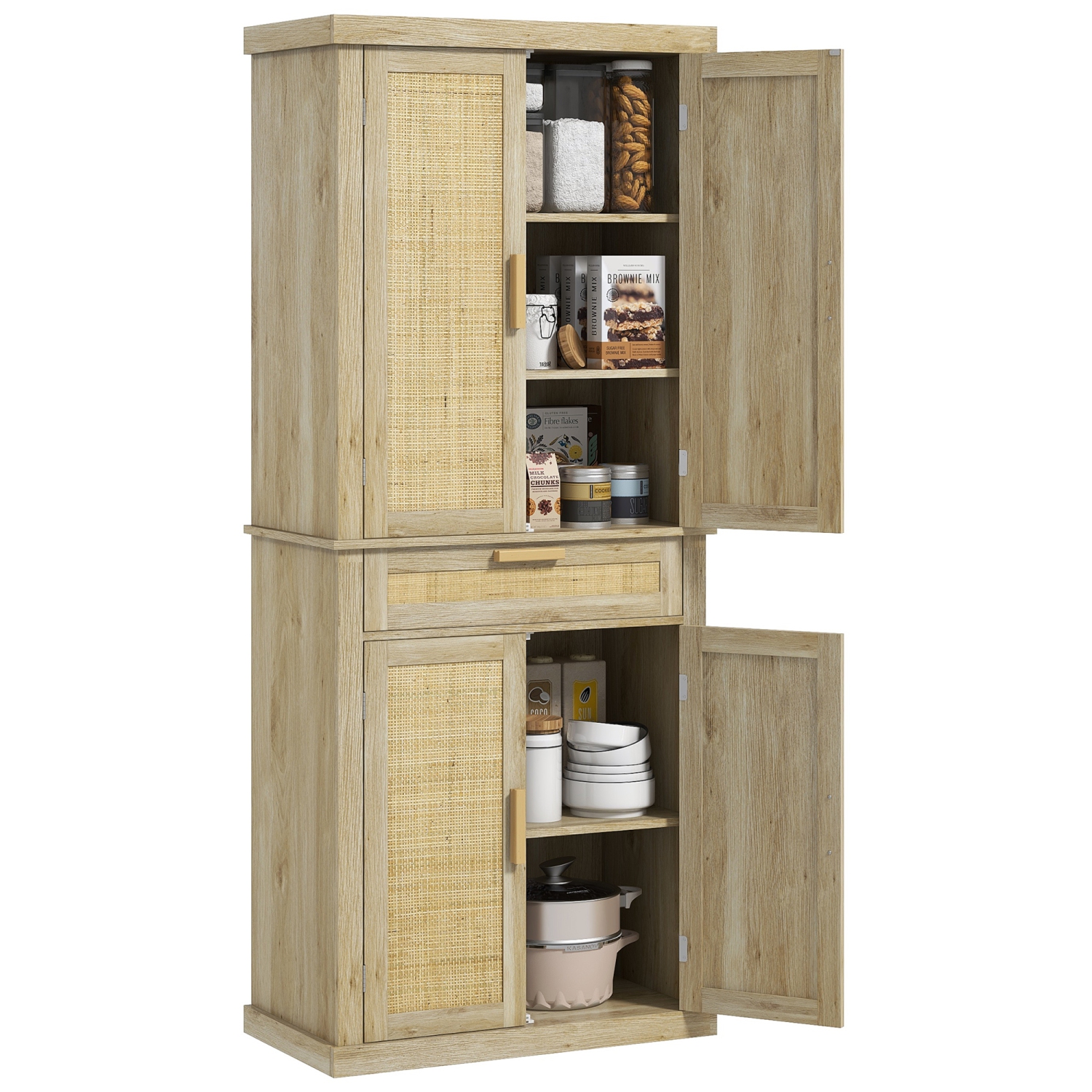 HOMCOM 72" Tall Kitchen Pantry Cabinet, Freestanding Storage Cabinet with Doors and Shelves, Rattan Kitchen Cabinet with Drawer and Adjustable