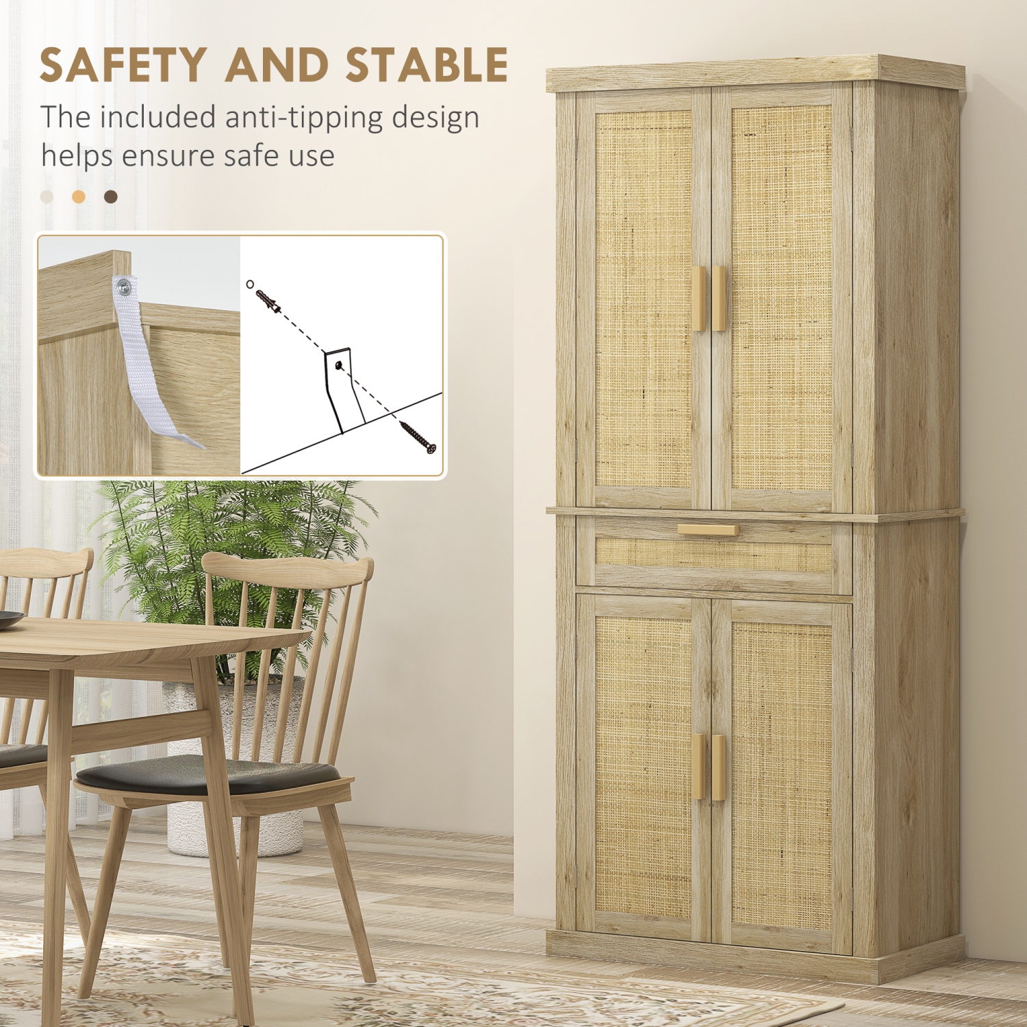 HOMCOM 72" Tall Kitchen Pantry Cabinet, Freestanding Storage Cabinet with Doors and Shelves, Rattan Kitchen Cabinet with Drawer and Adjustable