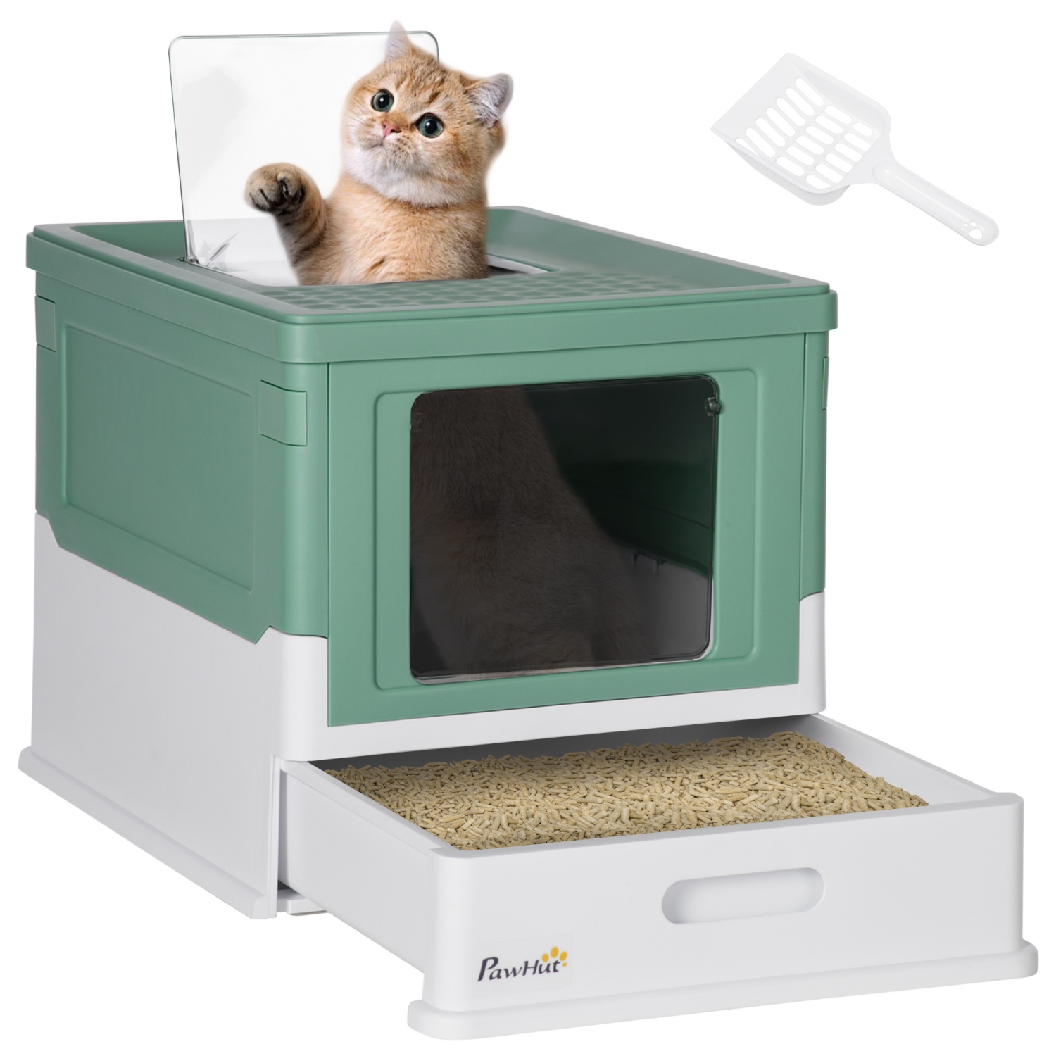 PawHut Cat Litter Box, Enclosed Foldable Kitty Litter Box with Scoop, Tray, Front & Top Entry, Large Space, Portable Design, Green