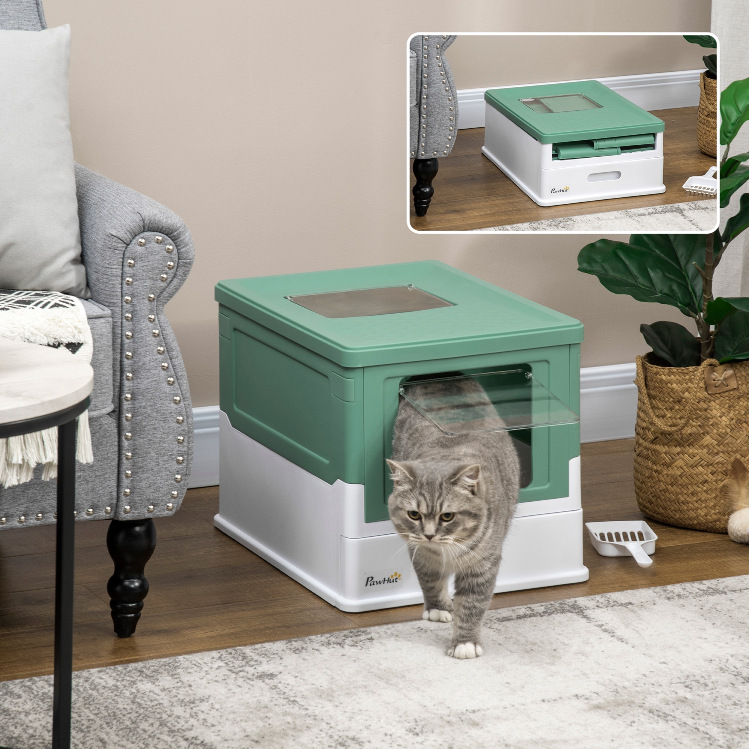 PawHut Cat Litter Box, Enclosed Foldable Kitty Litter Box with Scoop, Tray, Front & Top Entry, Large Space, Portable Design, Green