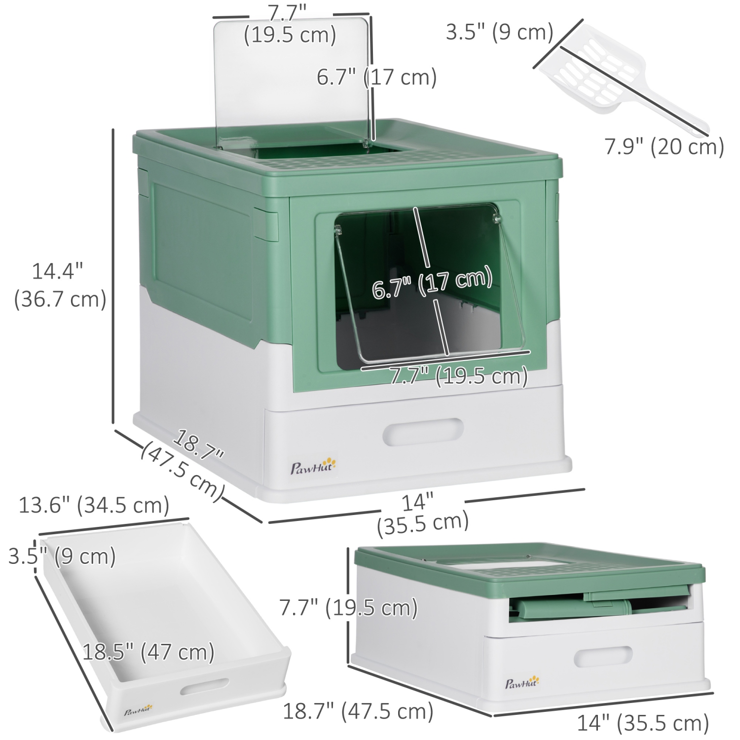 PawHut Cat Litter Box, Enclosed Foldable Kitty Litter Box with Scoop, Tray, Front & Top Entry, Large Space, Portable Design, Green