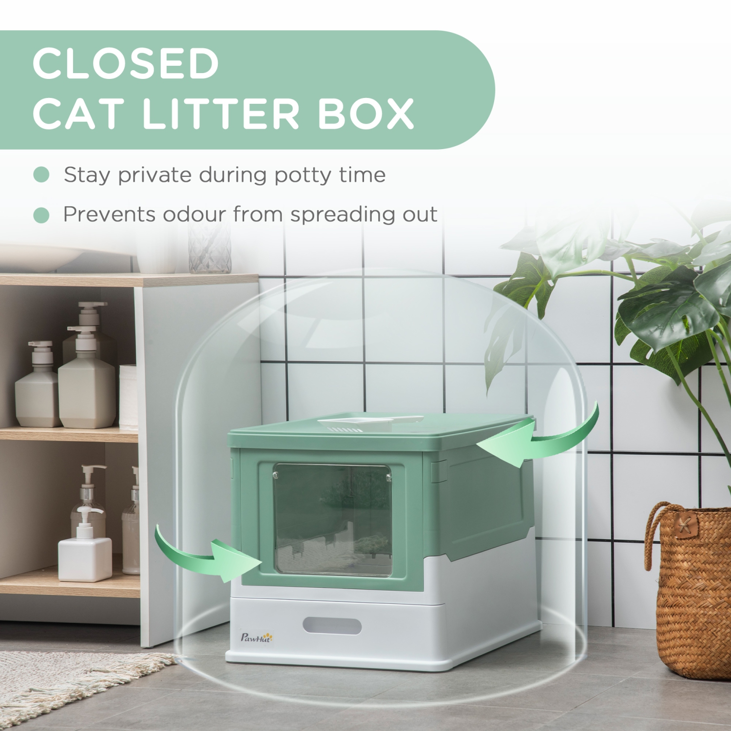 PawHut Cat Litter Box, Enclosed Foldable Kitty Litter Box with Scoop, Tray, Front & Top Entry, Large Space, Portable Design, Green
