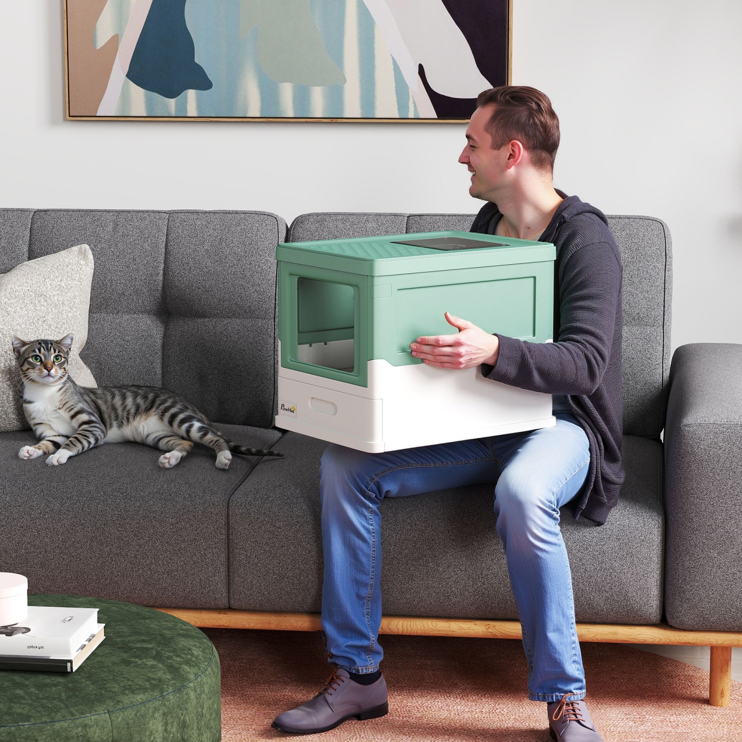 PawHut Cat Litter Box, Enclosed Foldable Kitty Litter Box with Scoop, Tray, Front & Top Entry, Large Space, Portable Design, Green