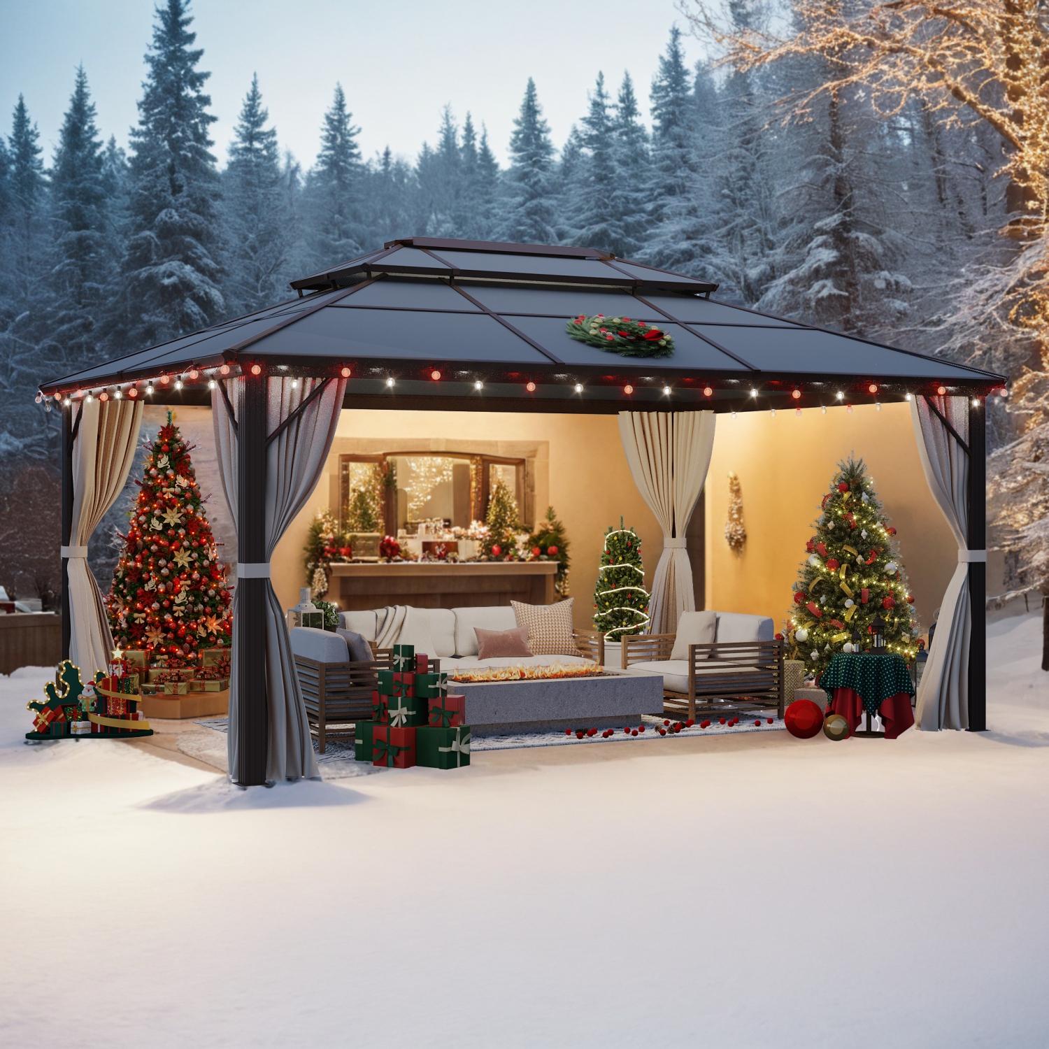 Erommy 12' x 16' Outdoor Hardtop Patio Gazebo Pergola w/Aluminum Frame, Prime Curtains and Nettings include