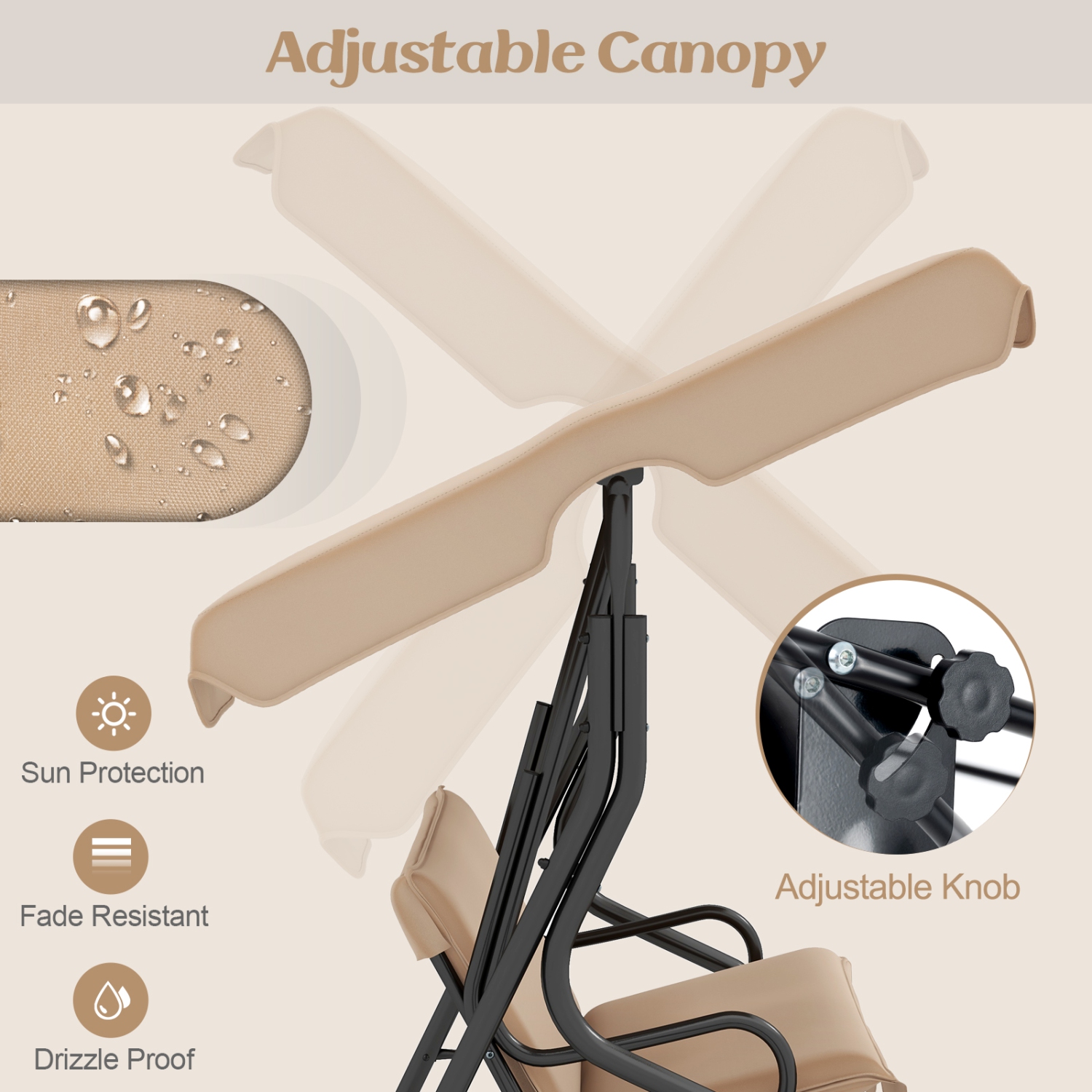 Costway 3 Seats Patio Canopy Swing Glider Hammock Cushioned Steel Frame