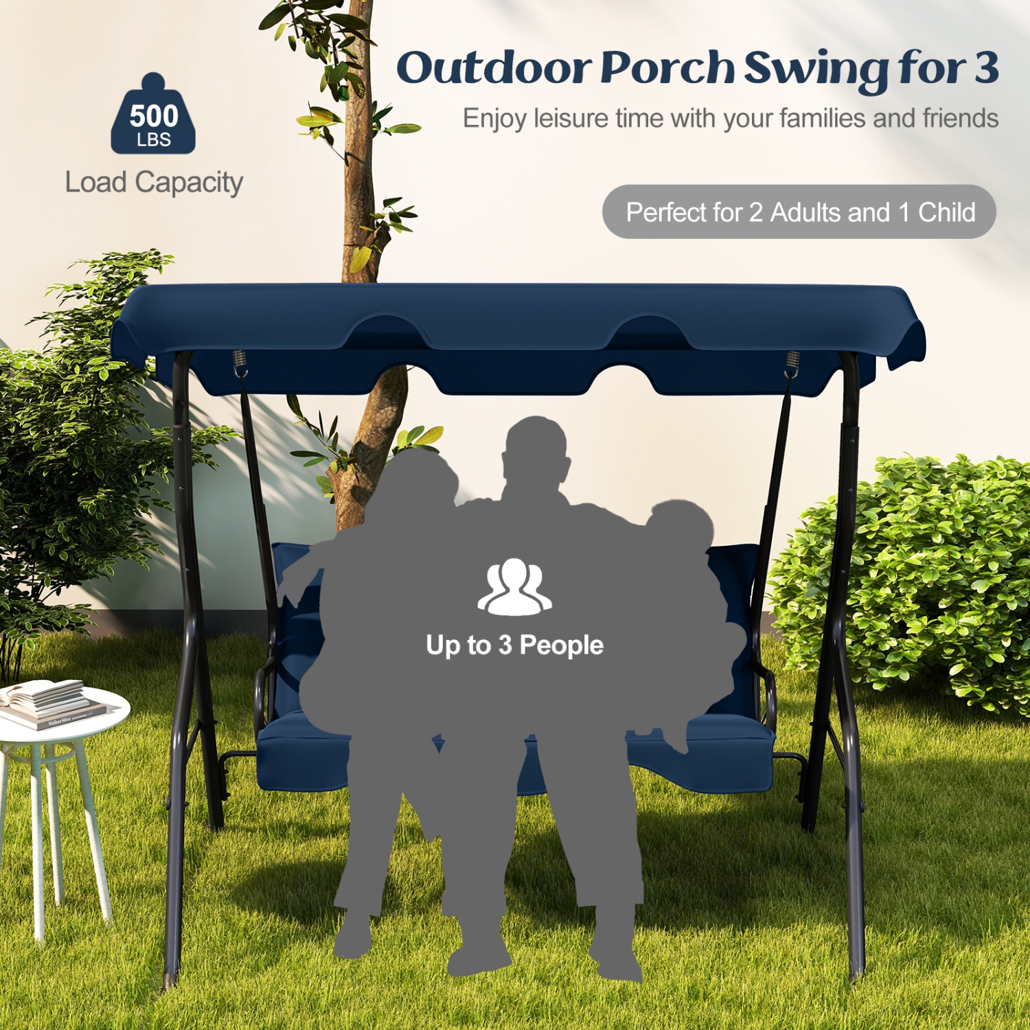 Costway 3 Seats Patio Canopy Swing Glider Hammock Cushioned Steel Frame