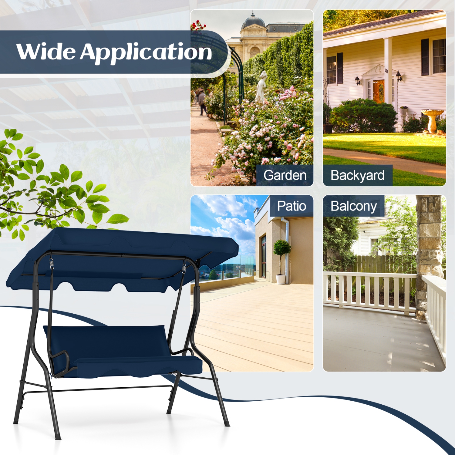 Costway 3 Seats Patio Canopy Swing Glider Hammock Cushioned Steel Frame