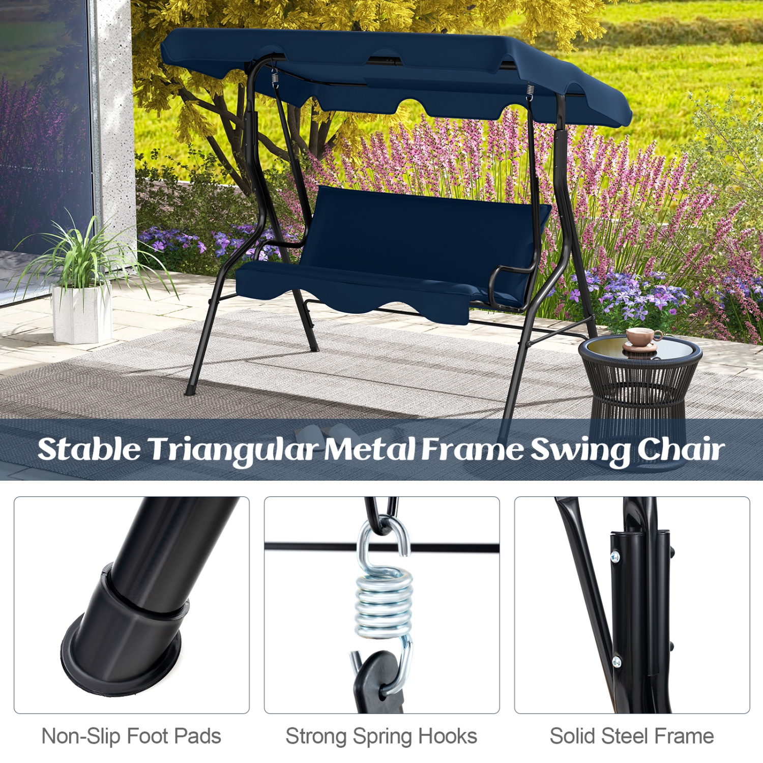 Costway 3 Seats Patio Canopy Swing Glider Hammock Cushioned Steel Frame
