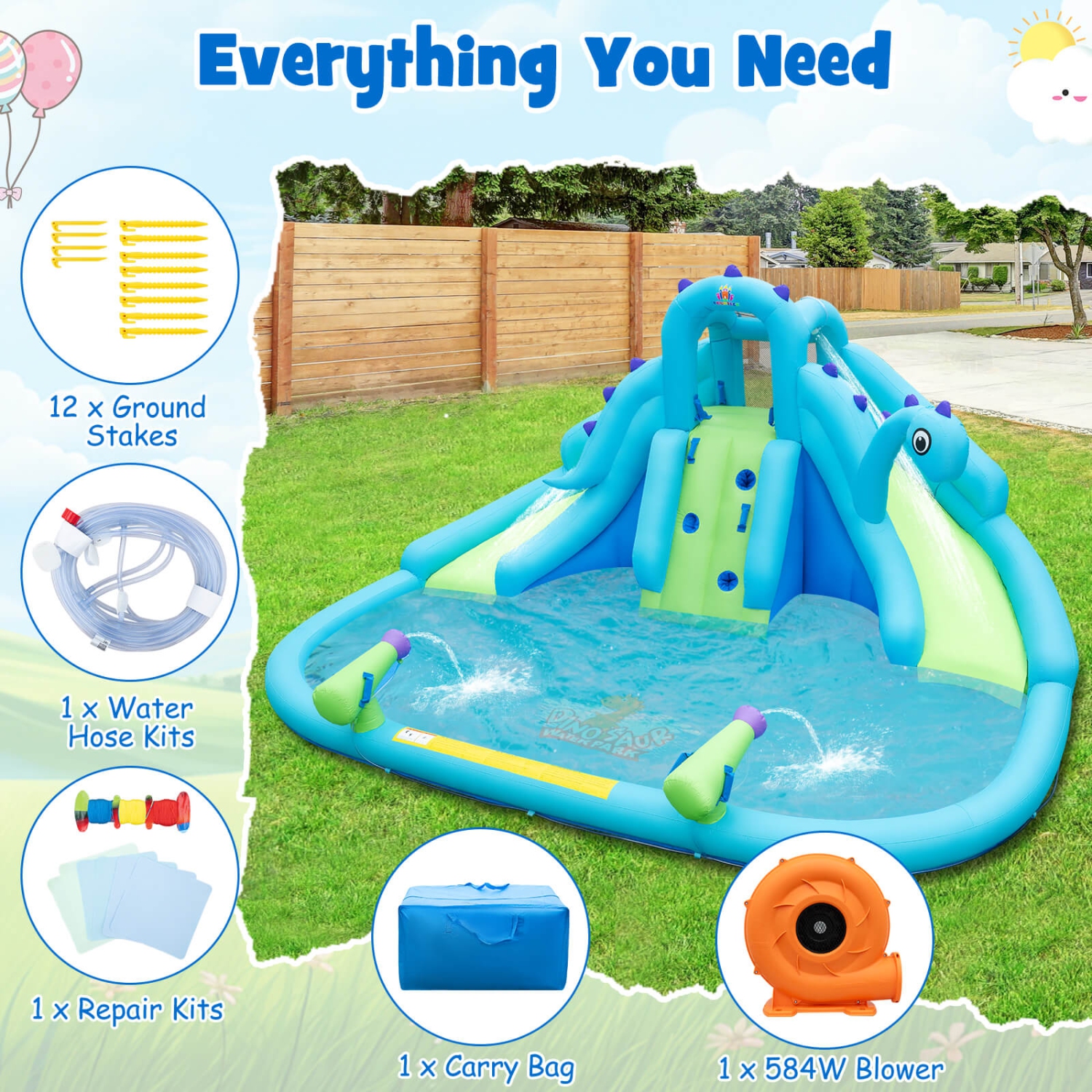 Costway Inflatable Water Slide, Blowup Water Park with Dual Slides & 584W Blower