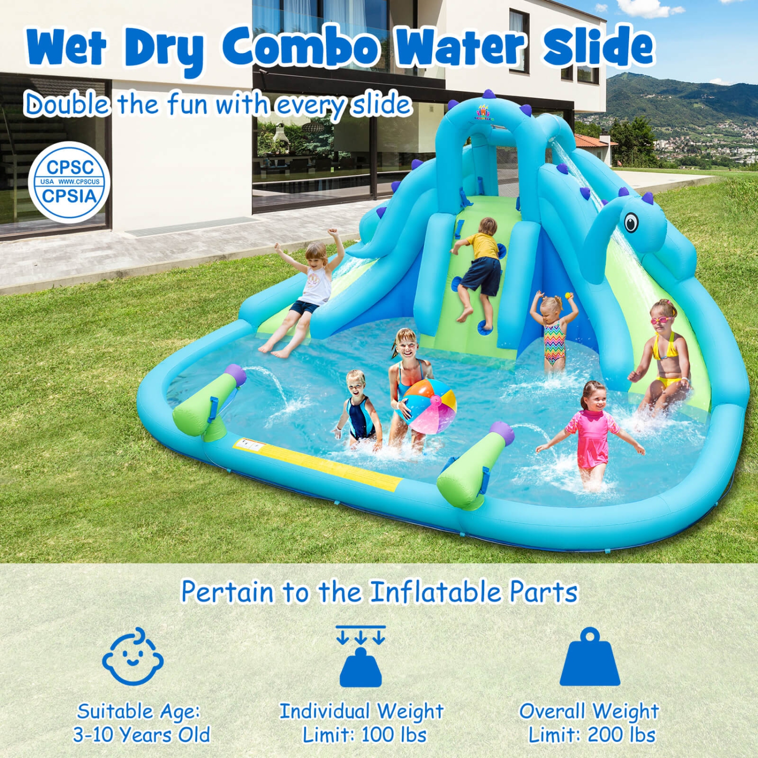 Costway Inflatable Water Slide, Blowup Water Park with Dual Slides & 584W Blower