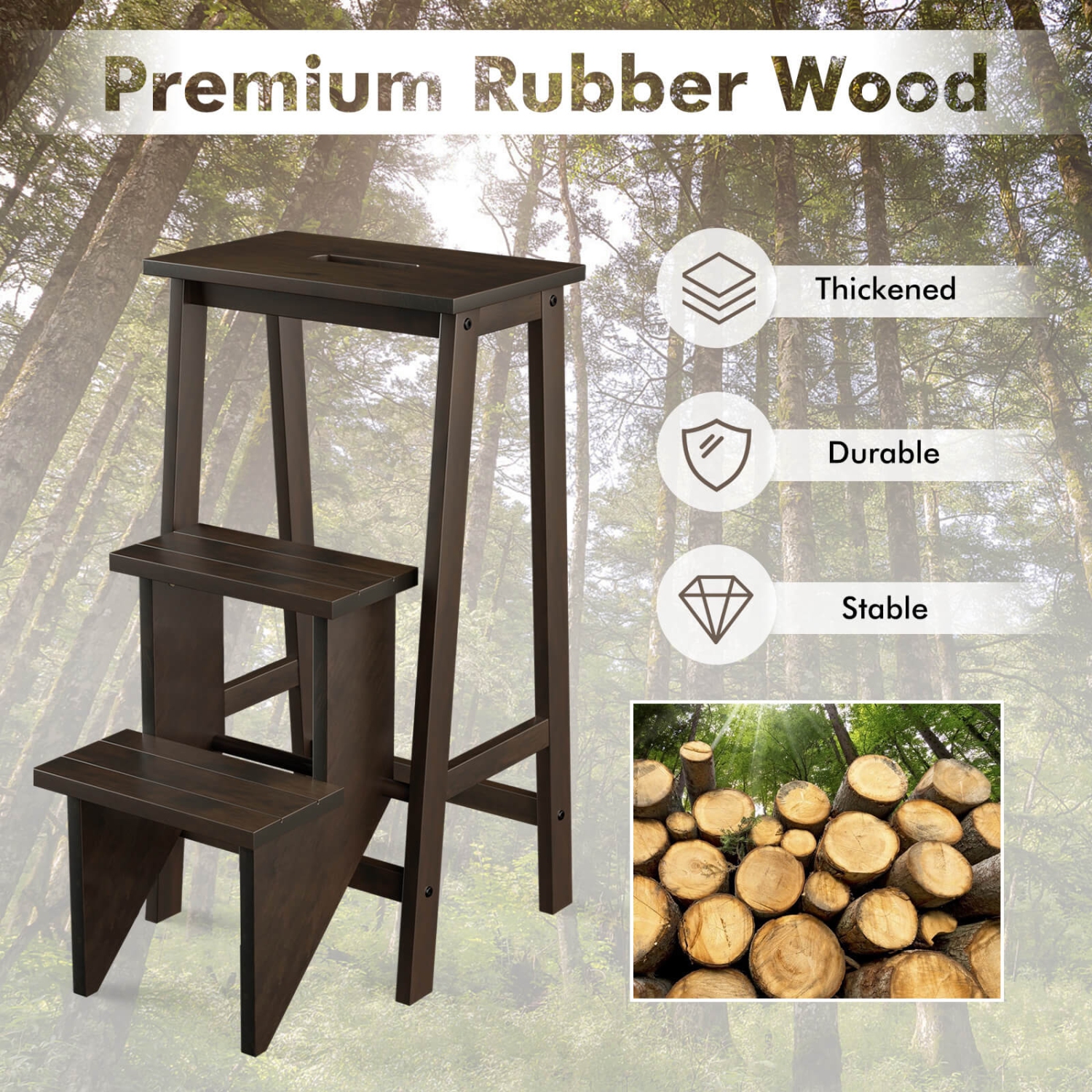 Costway 3 Tier Folding Step Stool 3-in-1 Rubber Wood Ladder Storage Shelf