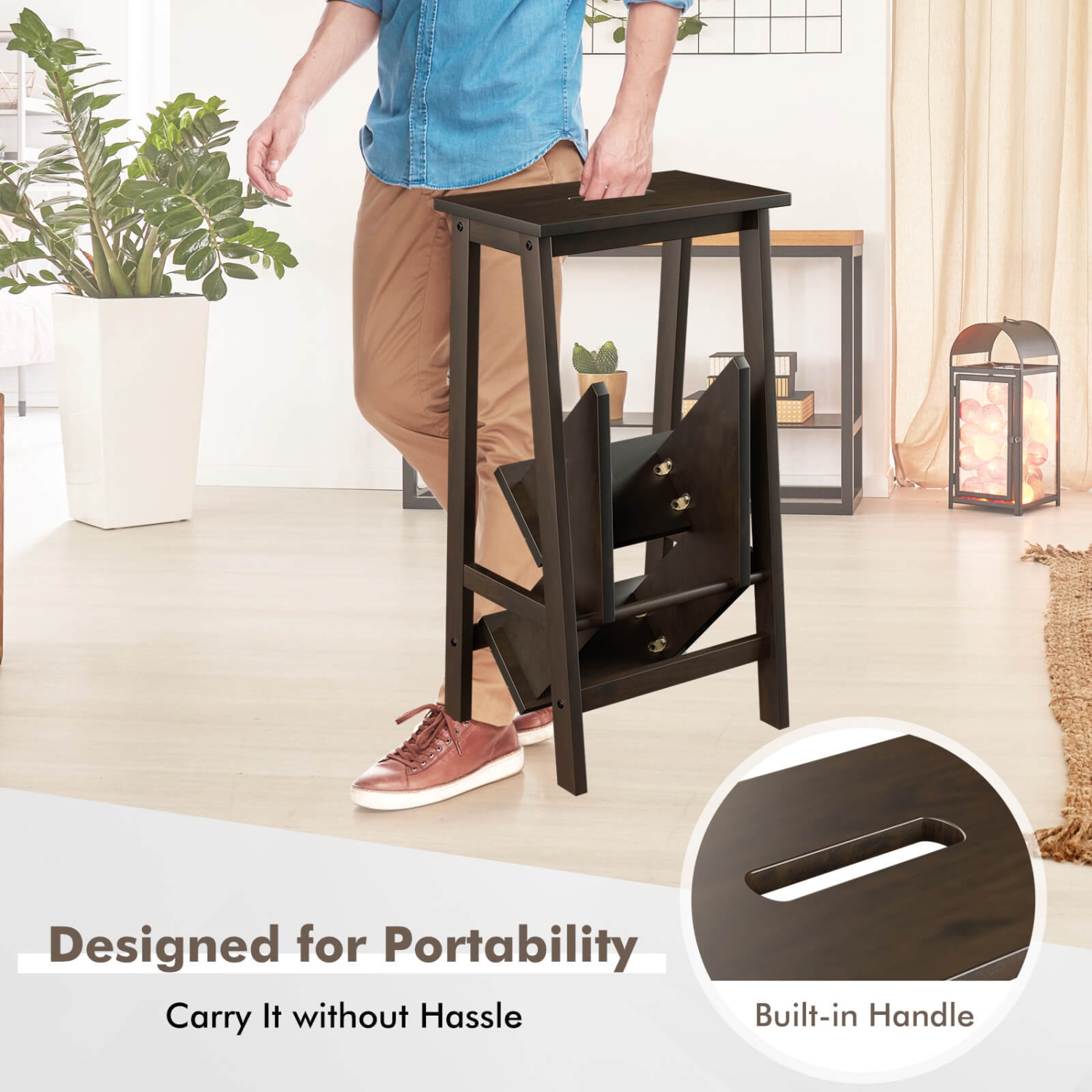 Costway 3 Tier Folding Step Stool 3-in-1 Rubber Wood Ladder Storage Shelf