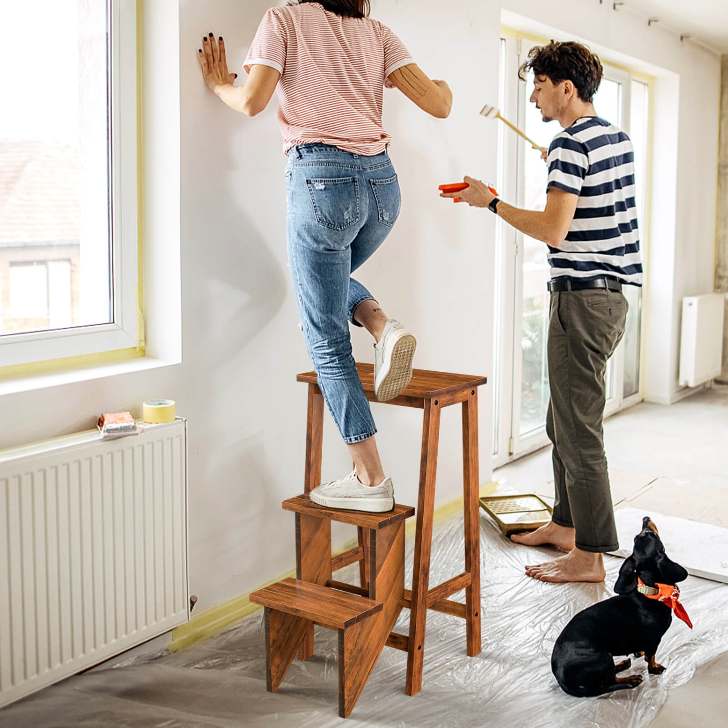 Costway 3 Tier Folding Step Stool 3-in-1 Rubber Wood Ladder Storage Shelf