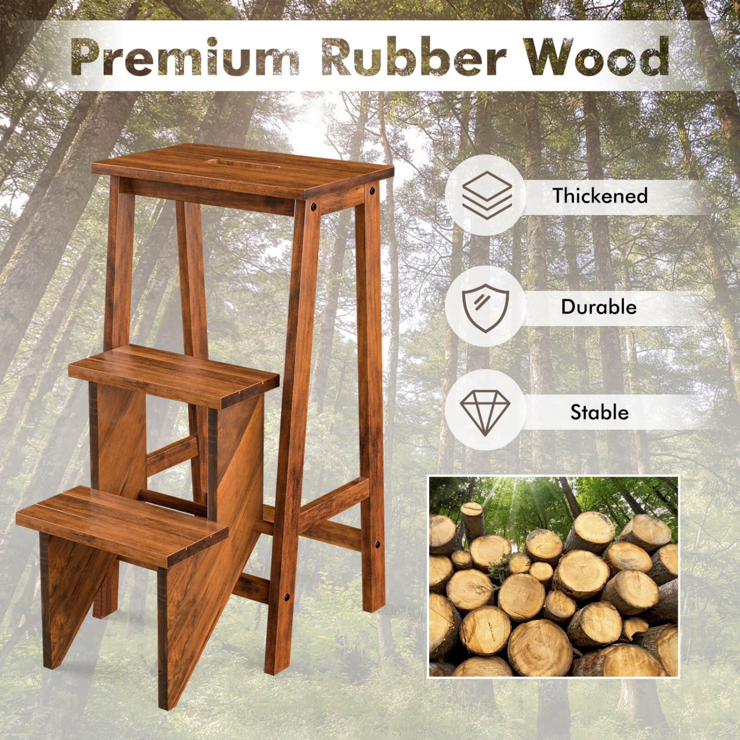 Costway 3 Tier Folding Step Stool 3-in-1 Rubber Wood Ladder Storage Shelf