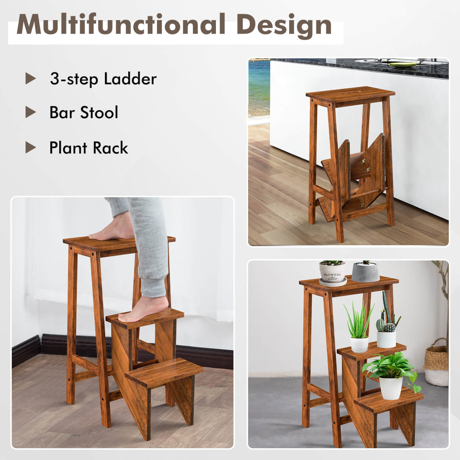 Costway 3 Tier Folding Step Stool 3-in-1 Rubber Wood Ladder Storage Shelf