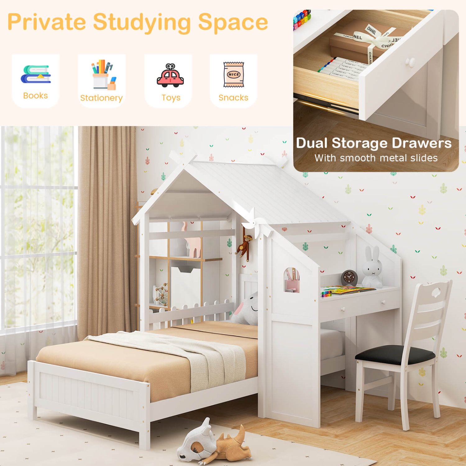 Costway Twin House Bed with Desk & Chair with 2 Drawers Windmill Fence & Headboard for Teens