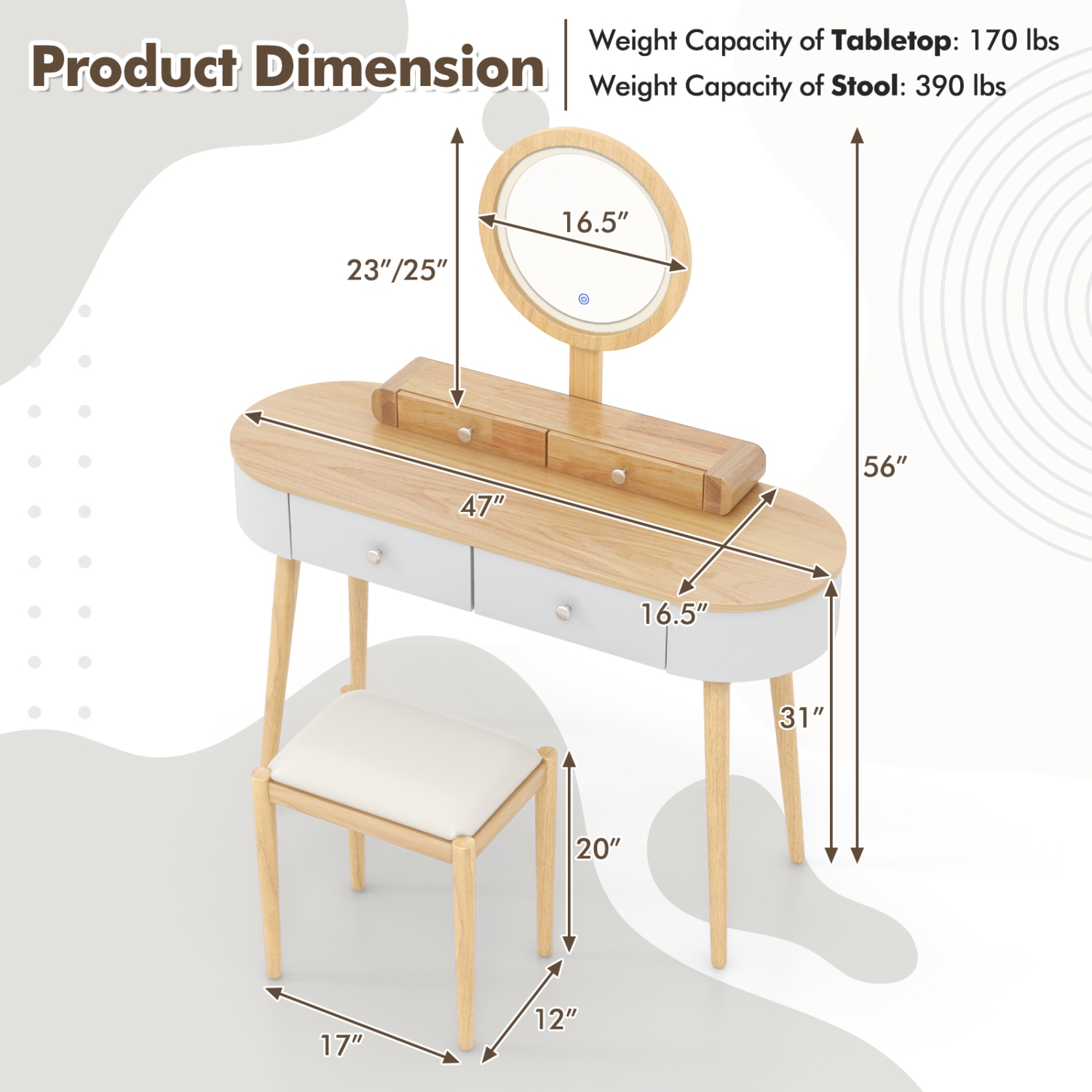 Ensemble coiffeuse de maquillage en bois massif avec tiroirs miroir éclairés à DEL de Costway